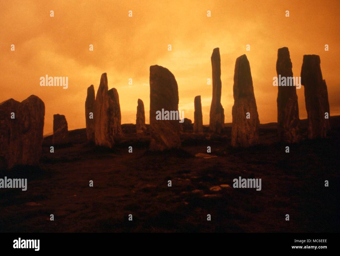 Stone circles - Callanish. The stone circle at Callanish, on the island of Lewis. The stones were erected to mark out important calendrical settings of sun and moon, circa 2,500 BC Stock Photo