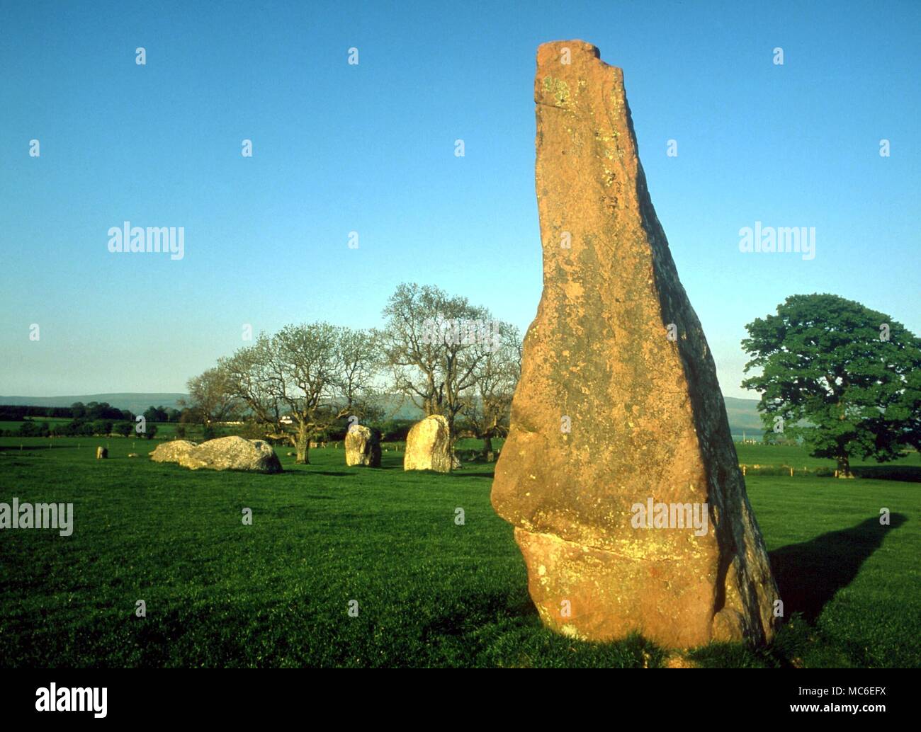 Stones - Long Meg. The stone circle known as Long Meg and her Daughters, in Cumbria. The main upright, shown here, is Long Meg herself. Constructed circa 2,500 BC Stock Photo