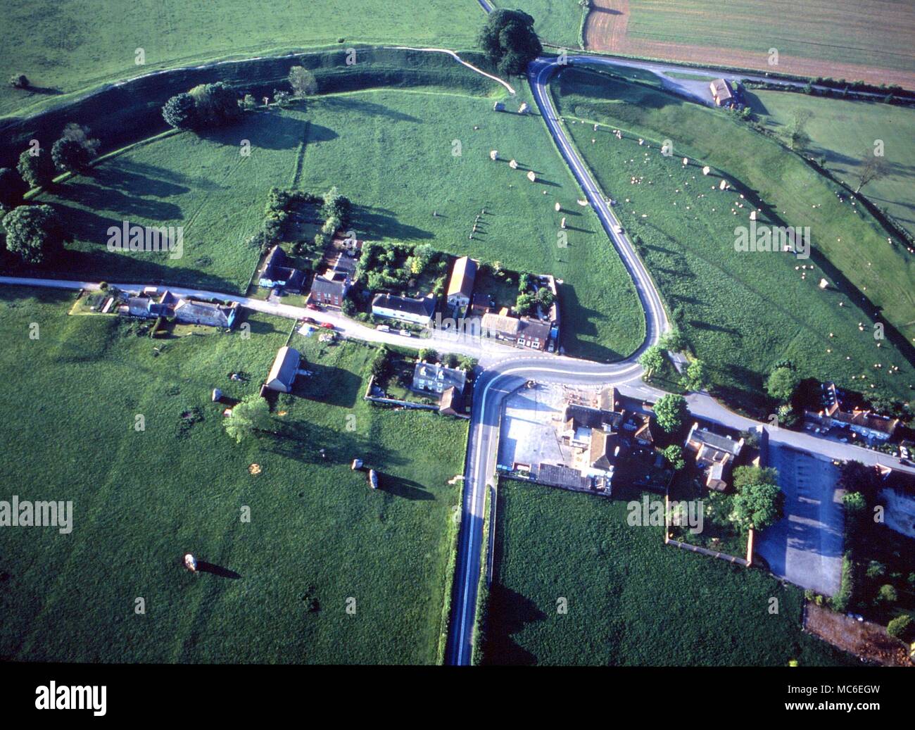 Stones - Partial view of the inner rings of the Avebury complex of circles, seen from the air. The largest ceremonial monument in Europe, with circular bank of chalk 1,400 feet in diameter and 20 feet high Stock Photo