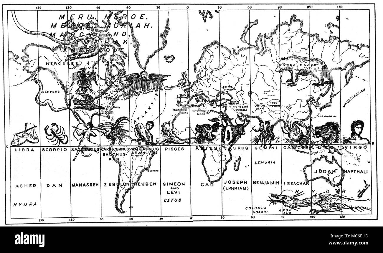 ASTROLOGY - ASTRO-GEOGRAPHY The map of the World divided into twelve vertical strips, corresponding to longitudes, with a fanciful arrangement of zodiacal signs, linked with the Twelve Tribes of Israel. The fabulous Atlantis falls under the influence of Aquarius and Reuben, while the east coast of America falls under Capricorn and Zebulon. California falls under Sagittarius and Manasseh. From P. B. Randolph, Soul! The Soul of the World: the Homes of the Dead, 1883. Stock Photo