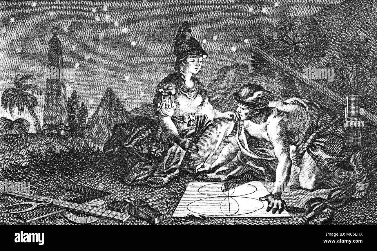 MYTHOLOGY - MERCURY Hermes (the Greek equivalent of Mercury) with Athena, the Greek goddess of Wisdom, exploring geometry. Note in the background the truncated pyramid. Vignette heading from Court de Gebelin, Le Monde Primitif, Analyse et Compare Avec le Monde Moderne, 1789. Stock Photo
