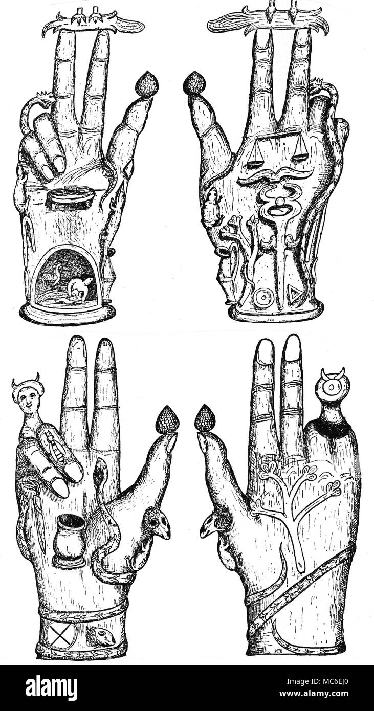MYSTERY CENTRES - HANDS - SYMBOLS - INITIATION Although there is no doubt that these richly symbolic hands were used for magical purposes, precisely to what use they were put is in dispute. Perhaps they were used as amulets, or 'power-centres', since almost all the symbols appearing on them relate to the ancient gods, or to the various Mystery Religions that were so popular in pre-Christian times. It is sometimes claimed that they are ex voto objects, but Elworthy has shown this not to be the case. The drawings are from F.T. Elworthy, Horns of Honour and Other Studies in the By-Ways of Archa Stock Photo