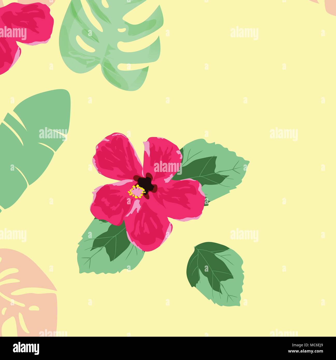 Hand draw hibiscus flower and tropical leaves seamless pattern Stock ...
