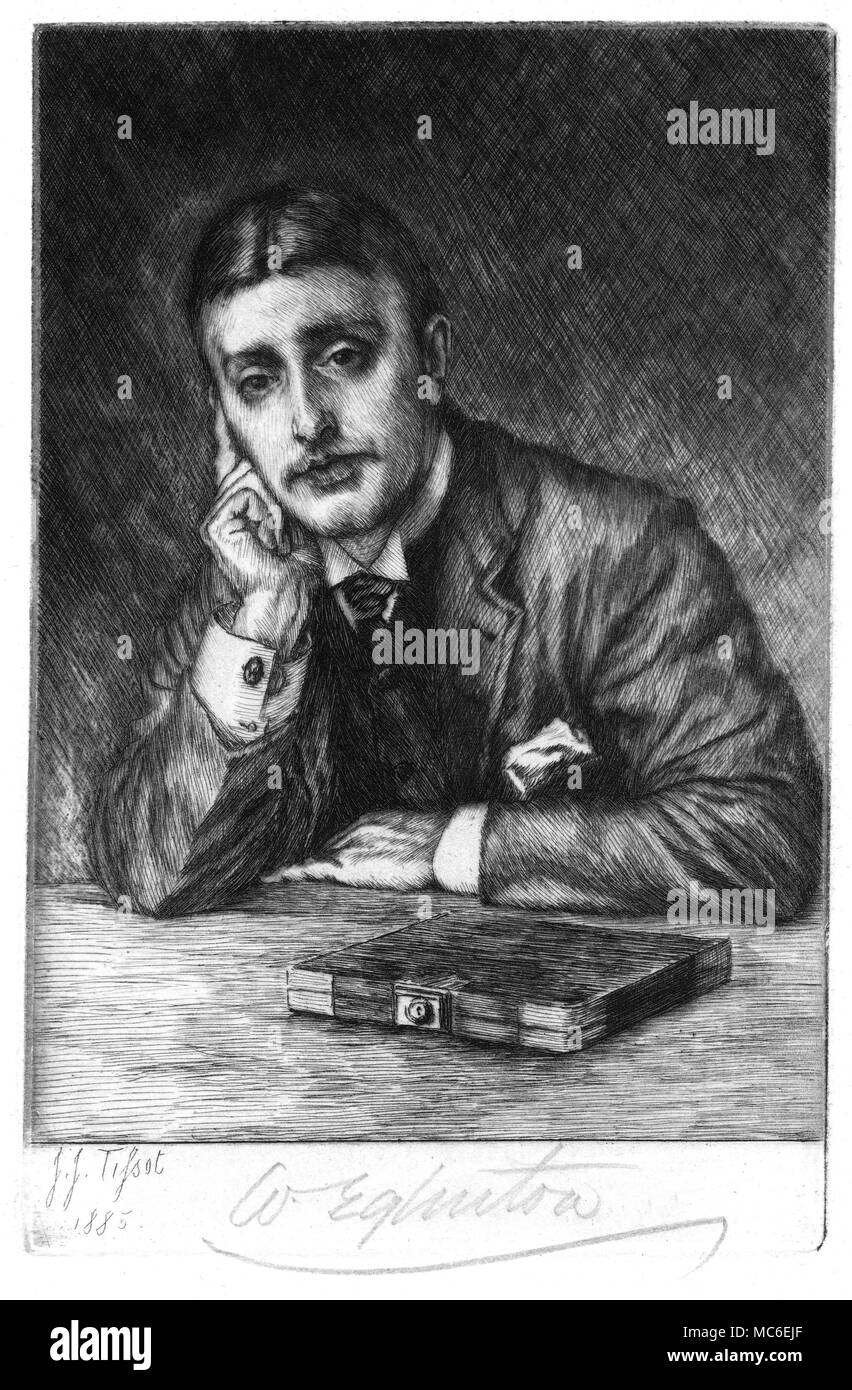SPIRITUALISM, OCCULTISTS AND MEDIUMS - EGLINGTON Personally signed, etched portrait of William Eglington, the acclaimed English medium (born 1857): the signature will be of interest to those who study graphology. The etching was done by J.J. Tissot in 1885. Eglington gave many displays of his spiritualist power in London, and abroad. He held a number of sÃšances for the Tzar, Alexander III, and worked with the scientist, Aksakof. The account given by his friend, Dr. Nichols of how Eglington could materialize spirits in full daylight, from a cloud of white vapour, to full, white-sheathed Stock Photo