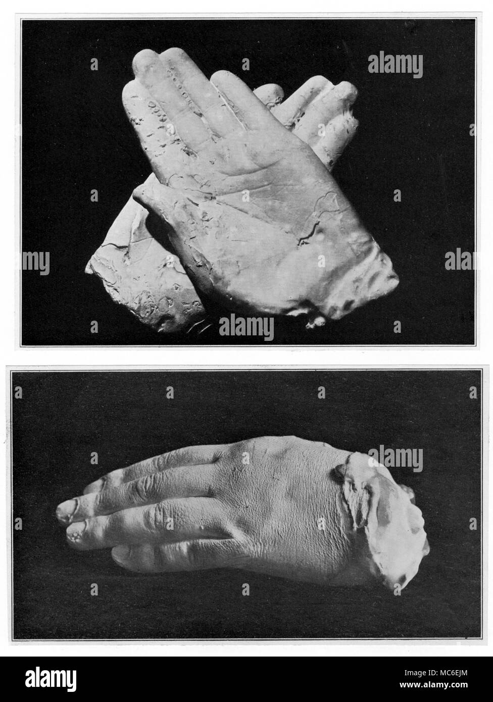 SPIRITUALISM - PLASTER CASTS Plaser casts of spirit hands (made from wax moulds of materialized spirit hands), made under the mediumship of Franek Kluski, in 1925. From Psychic Science. Stock Photo