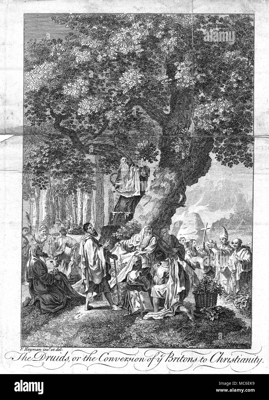 DRUIDS AND THE EARLY CHRISTIANS Engraving by Frederick Hayman, showing the Druids being converted by the early Christians to the new faith. One Druid is cutting the sacred oak bough with a silver crescent knife: in the background (left) a bull is being slaughtered to the pgan gods. The plate in the open book in the foreground depicts the Wicker Man, wrongly believed to be an instrument of death, regulated by the Druids: those condemned to death were locked in the giant model of a human being, made from wickerwork: the whole thing was set on fire, and burned to ashes. A colour print Stock Photo