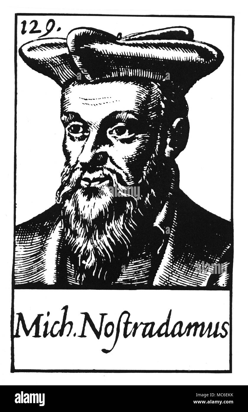 NOSTRADAMUS - PORTRAIT OF NOSTRADAMUS A woodcut portrait of Michel Nostradamus, probably made by Leonard Gaultier, in the sixteenth century). The portrait was that numbered 129 in the series of 144 portraits of famous individuals, Le Theatre d'Honneur de plusieurs princes anciens et modernes, 1618. Unlike the majority of 'portraits', which appeared on title pages and prefaces to Nostradamus Propheties, this picture is generally believed to be authentic - perhaps based on a lost sketch known to Gaultier, or one of his staff. Stock Photo