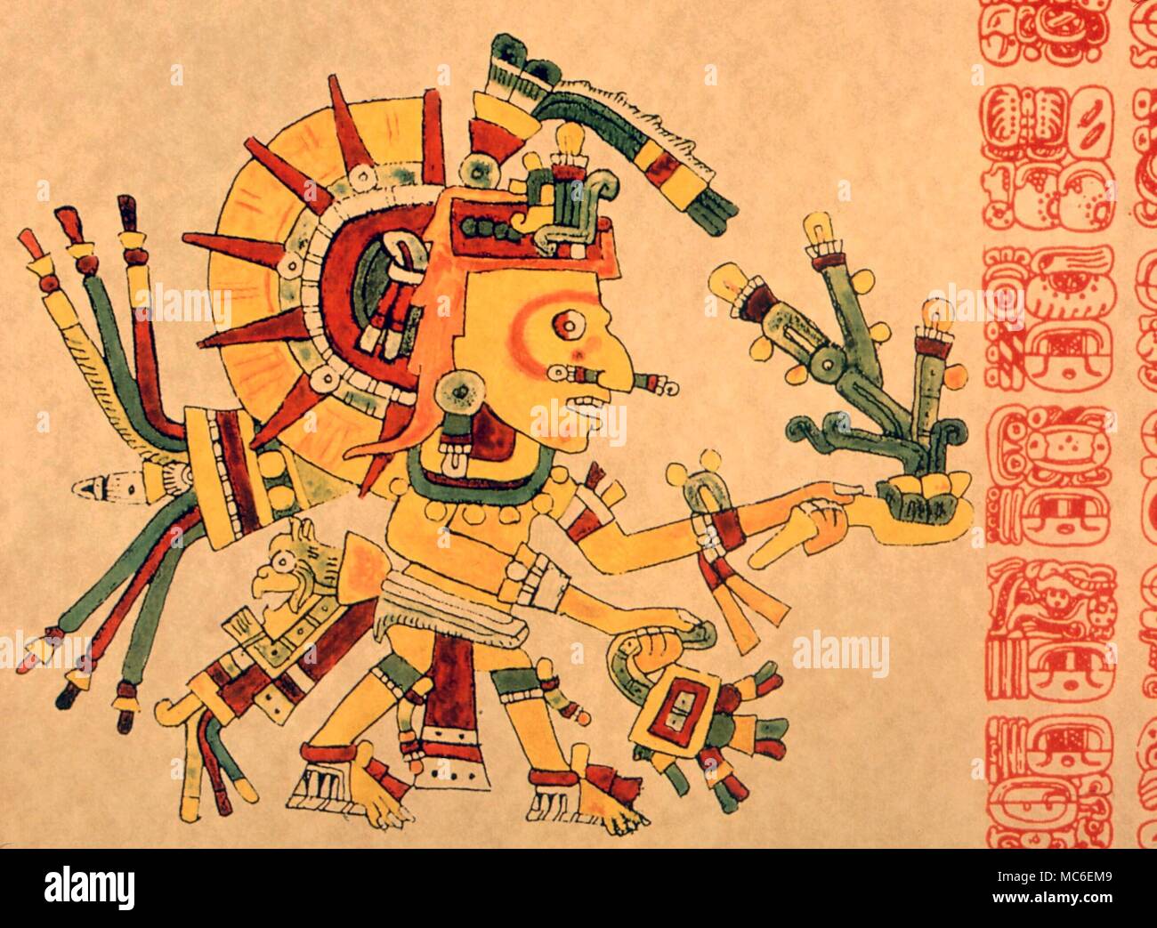 CALENDARS - (Aztec) The Sun god (Tonatiuh) of the Mayan astrological system, with calendric glyphs. Artwork (figure) after the Codex Cospi, (glyphs) from Copan, as recorded by Zimmermann Stock Photo