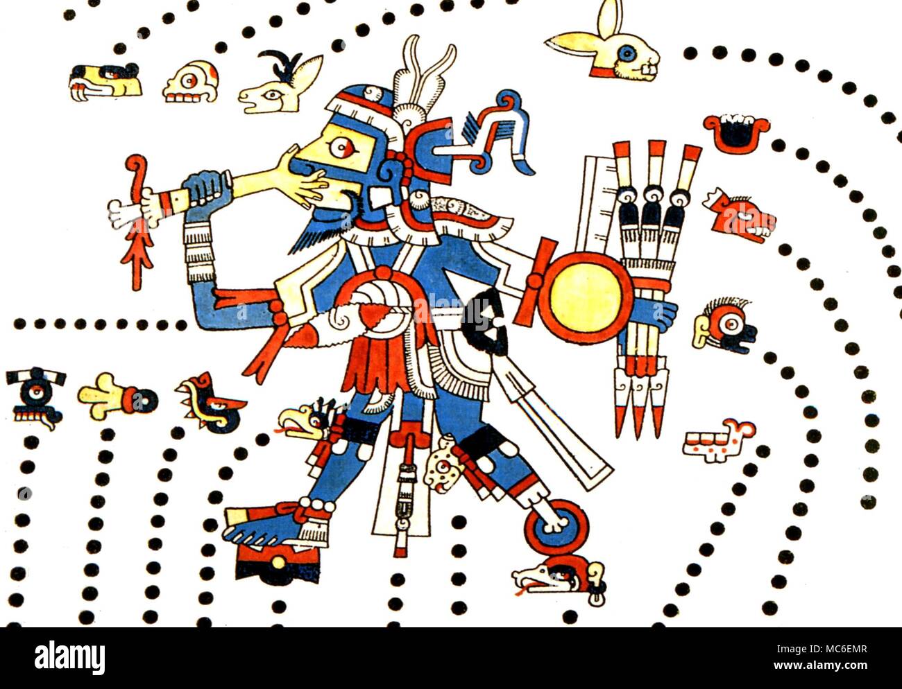 CALENDARS - Mayan Image of Tezcatlipoca, the God of War, honoured as Huitzilopochtli. the patron god of the Aztecs. Around him are mayan systems of dating. Artwork after the Codex Fejervary-Mayer Stock Photo