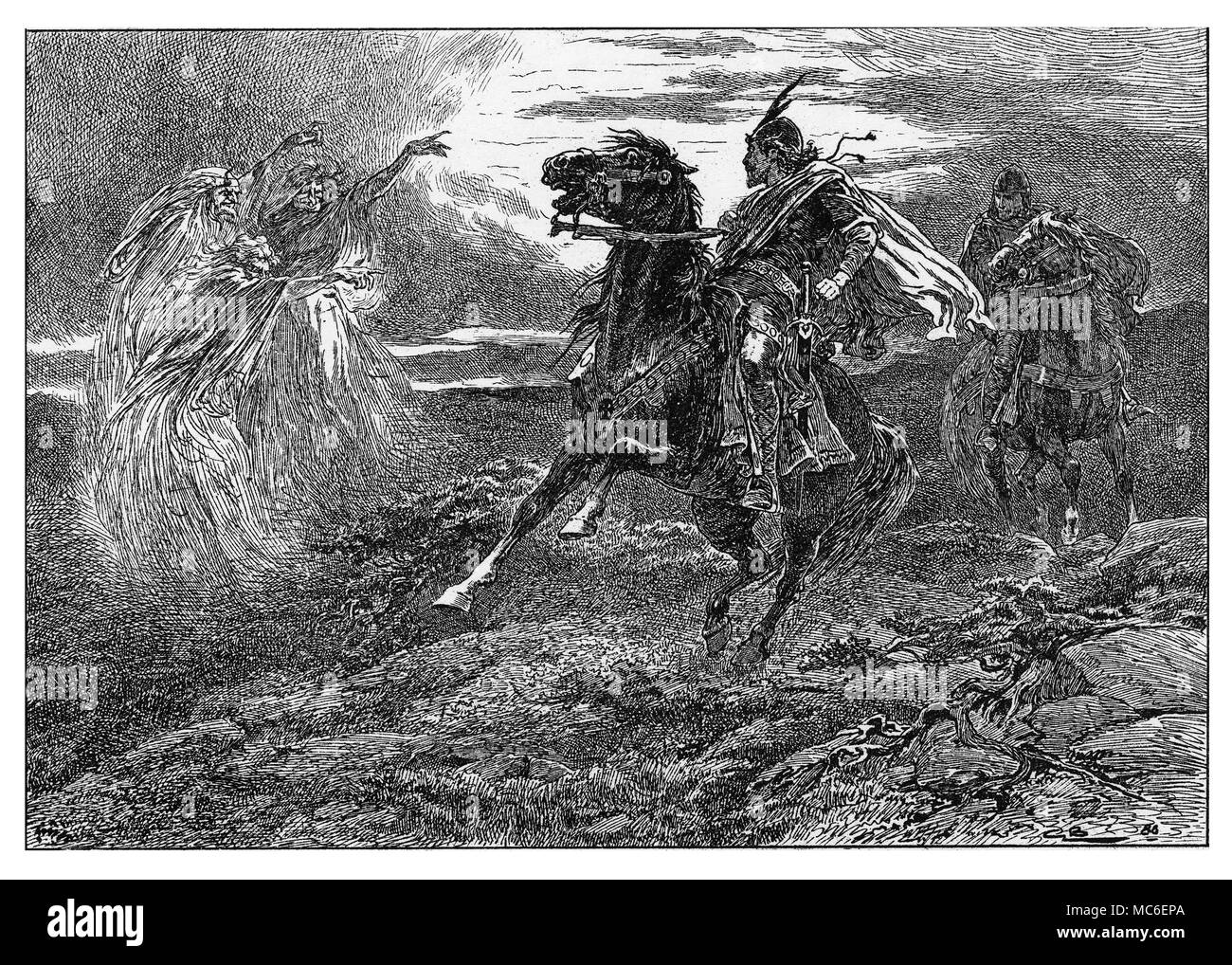 WITCHCRAFT - WITCHES OF MACBETH Macbeth and Banquo encounter the three witches, 'wither'd, and so wild in their attire, That look not like the inhabitants o' the earthÃ'' Illustration by Gordon Brown, dated 1886, for Shakespeare's Macbeth, Act I, Scene iii. ' Stock Photo