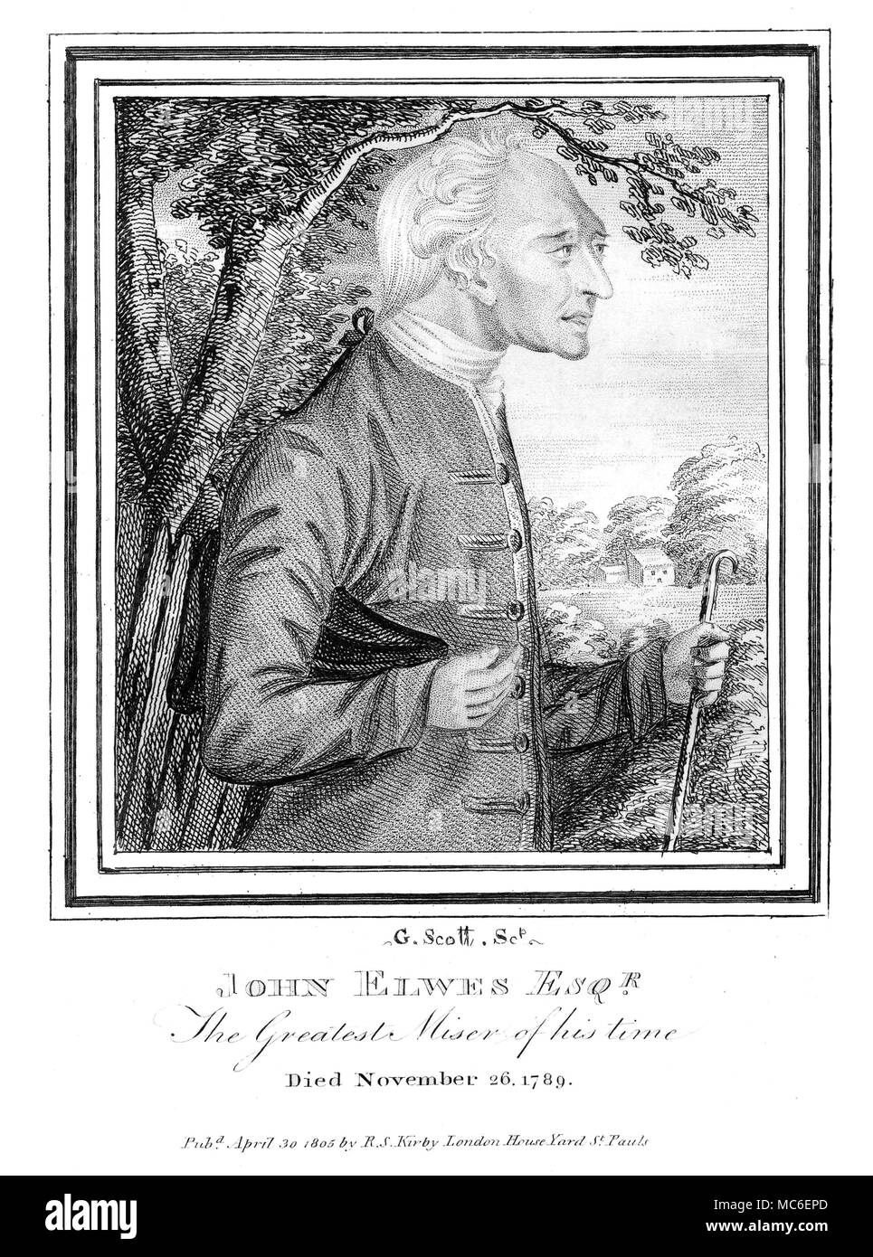STRANGE PHENOMENA - MISER Portrait of John Elwes, reputed to be the greatest miser of his day. He died on 26 November 1789. Engraving of 1805. Engraving used in Kirby's Wonderful and Eccentric Museum; or, Magazine of Remarkable Characters, 1820. Stock Photo