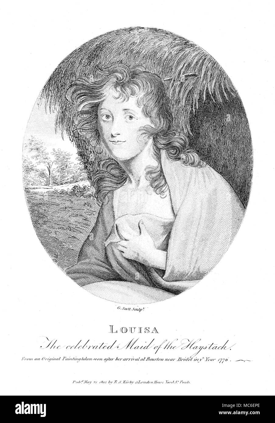 STRANGE PHENOMENA - MAID OF THE HAYSTACK Portrait of Louisa, 'the celebrated Maid of the Haystack' - from an original painting executed after her arrival at Bourton, near Bristol, in 1776. Engraving of 1805 by R.S. Kirby. Engraving used in Kirby's Wonderful and Eccentric Museum; or, Magazine of Remarkable Characters, 1820. Stock Photo