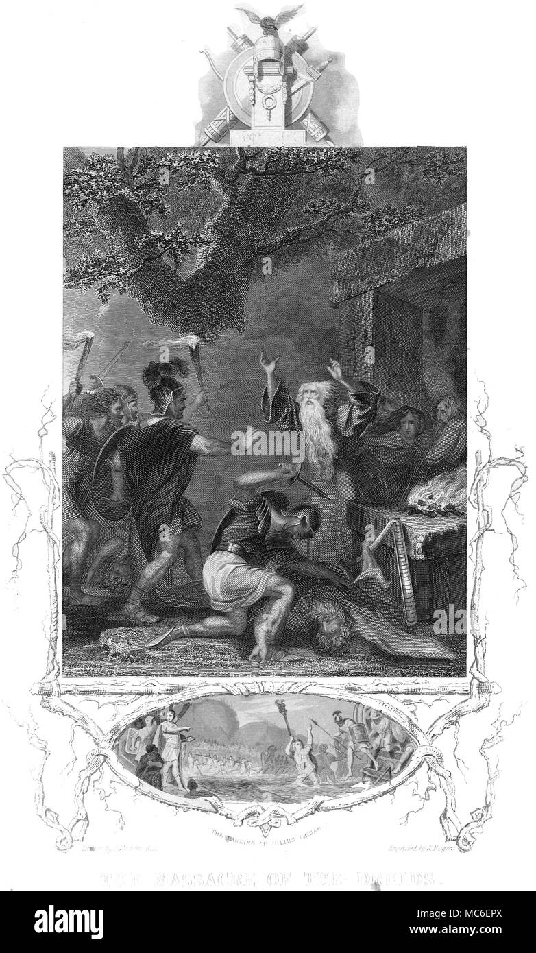 DRUIDS The Massacre of the Druids. Engraving of circa 1860 by J. Rogers, of a drawing by R. Smirke. The Roman soldiers, acting under the orders of Julius Caesar, slaughter the Druids. Stock Photo