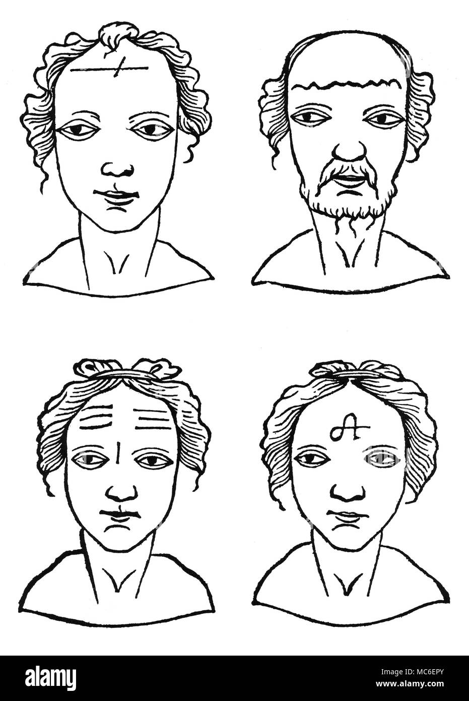 PHYSIOGNOMY - METOPOSCOPY Four heads, illustrative of physiognomical traits, in respect to Metoposcopy, or the reading of forehead-lines, wrinkles and other marks on the face, in terms of fixed-symbol interpretation. From Barthelmy Cocles, Metoposcopia, 1658 edition. [Top Left] The crossing of a upper forehead crease-line (presumably that of Mars) which is taken as an indication of a violent death. [Top right] The wavy line (presumably that linked with Mercury) which is an indication of extensive sea-travel. [Bottom left] Forehead crease-lines on a woman that are taken as an indication Stock Photo