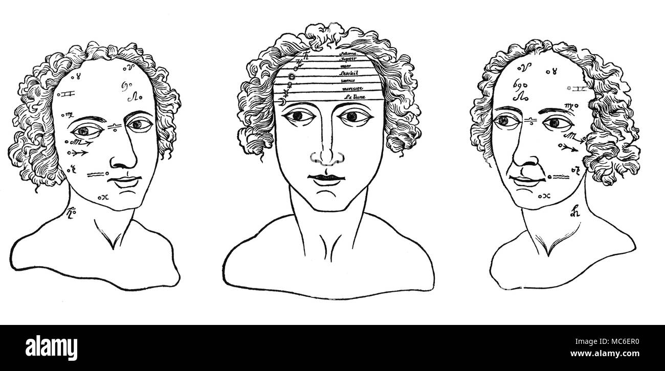PHYSIOGNOMY - METOPOSCOPY Three heads, illustrative of physiognomical traits, in respect to Metoposcopy, or the reading of forehead-lines, wrinkles and other marks on the face. From Barthelmy Cocles, Metoposcopia, 1658 edition. [Left] The interpretation of naevi or other blemishes on the face, in terms of zodiacal influences. These influences seem to descend from the top of the forehead (where Aries rules) to the bottom of the chin (where Pisces rules). [Middle] The location (and thus the influences) of the seven planets, in terms of the wrinkles on the forehead. Once again, the influenc Stock Photo