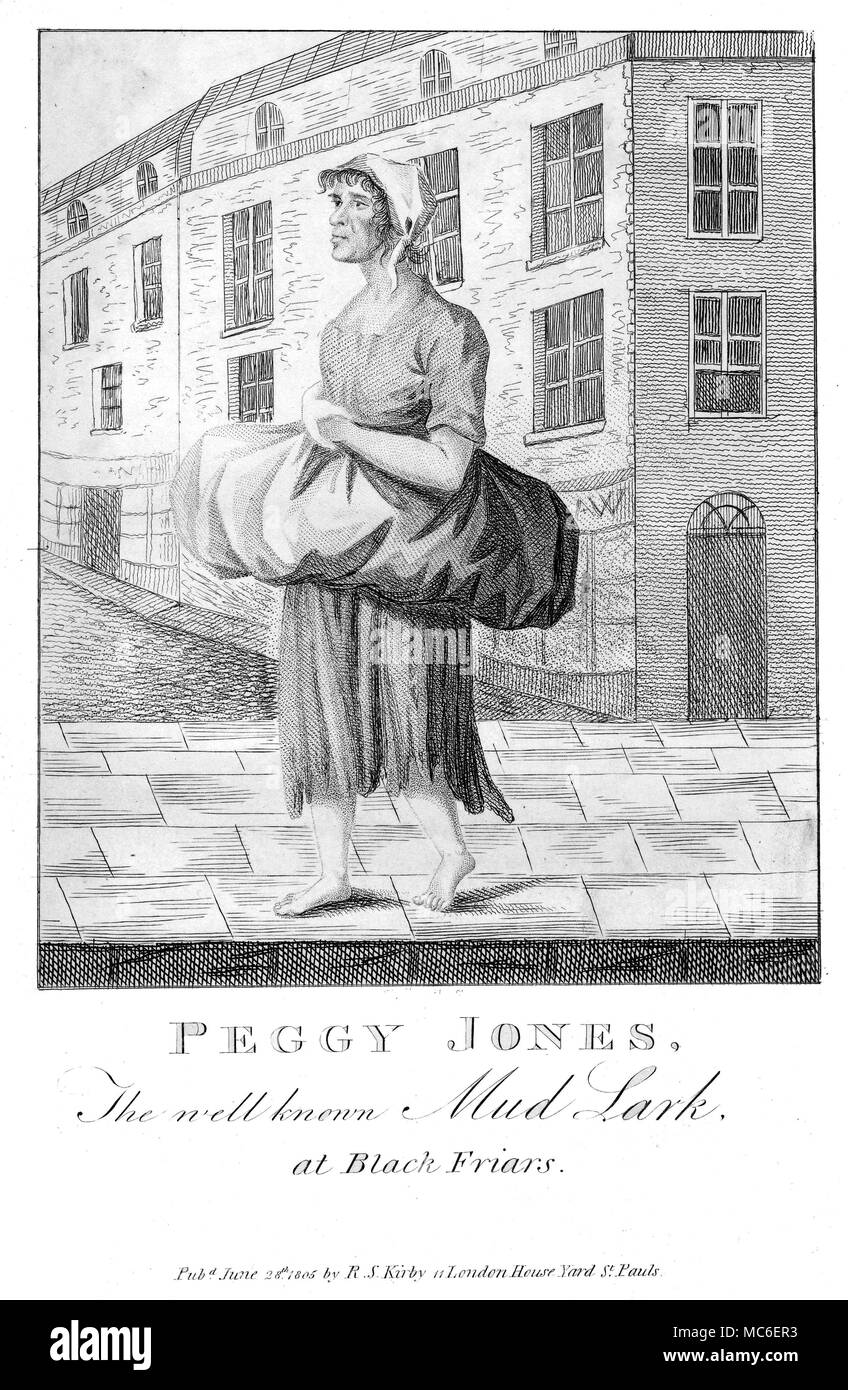 STRANGE PHENOMENA Portrait of Peggy Jones, a well-known Mud Lark, who worked the Thames at Blackfriars. Engraving of 1805, used in Kirby's Wonderful and Eccentric Museum; or, Magazine of Remarkable Characters, 1820. Stock Photo