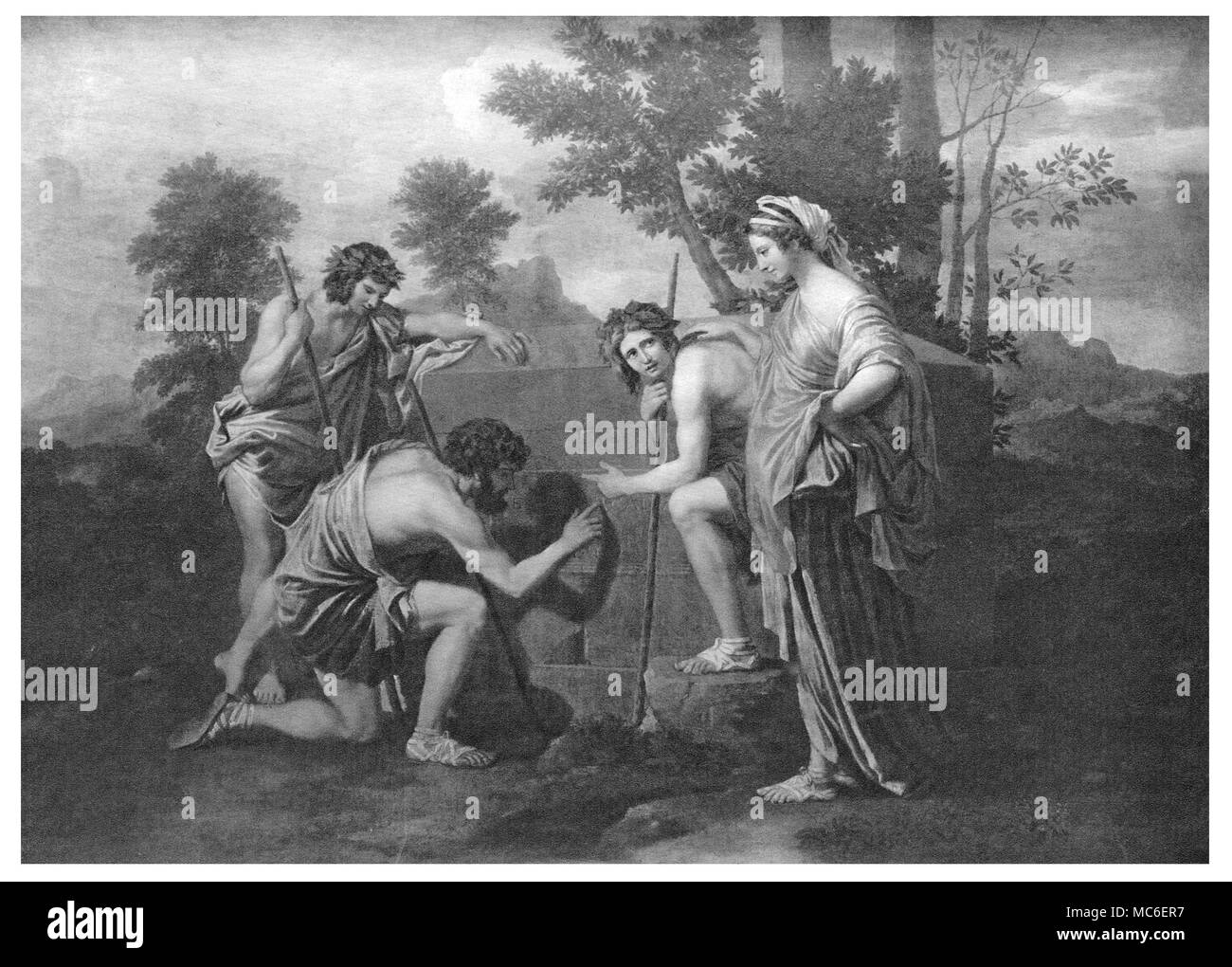 OCCULT ART - RENNES-LE-CHATEAU The Shepherds of Arcadia, by Nicolas Poussin. Print of 1904. The iconography of this painting, and the secret geometry upon which its composition hangs, has become central to the study of the mysteries of the AbbÃš Sauniere and Rennes-le-Chateau. Stock Photo