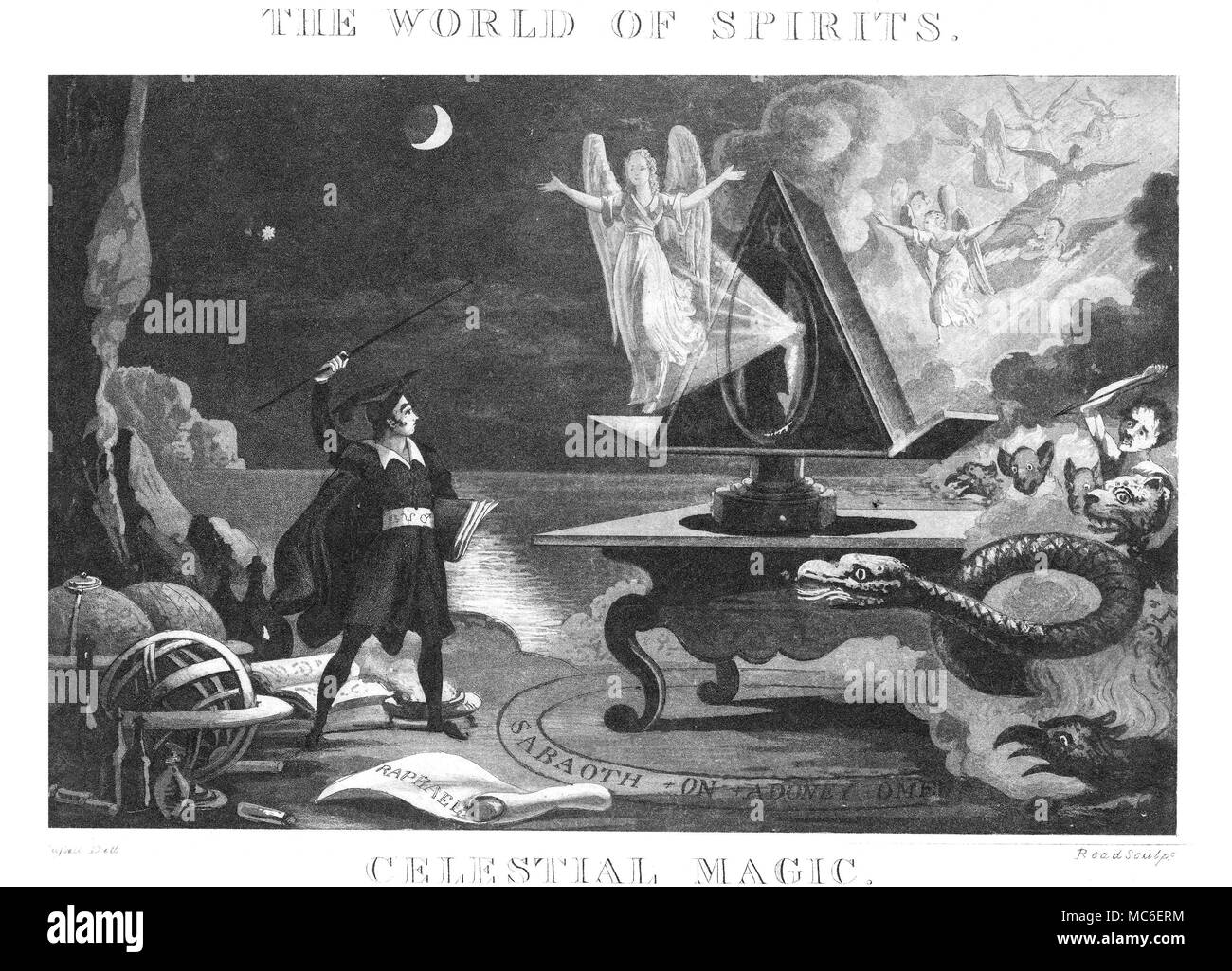 BLACK MAGIC Aquatint engraving by Read of a drawing by Fussell depicting a magician standing before a magic circle within which is an elaborate circular mirror or lens, from which emerges a conjured angel (presumably Raphael). Behind the mirror are a number of demons and monsters, and in the air angelic beings. Outside the circle (marked with the magical angel-name, Sabaoth) there are the four Elements - the Water (sea), Air, Earth, and Fire (the burning brazier at the feet of the magician. Stock Photo