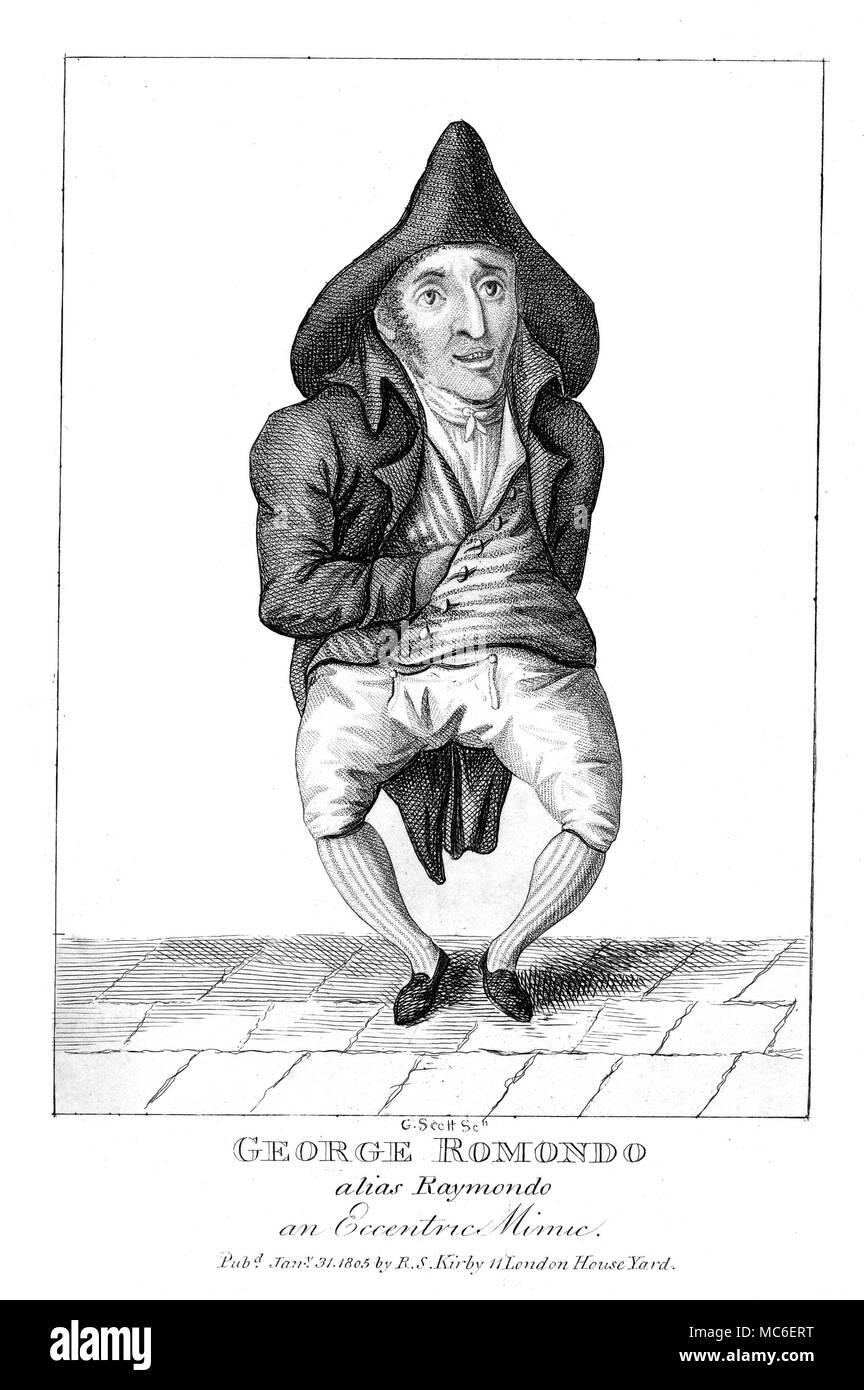 STRANGE PHENOMENA - GEORGE ROMONDO, THE MIMIC George Romondo, alias Raymondo, an Eccentric Mimic. Engraving of 1805 by George Scott, used in Kirby's Wonderful and Eccentric Museum; or, Magazine of Remarkable Characters, 1820. Stock Photo