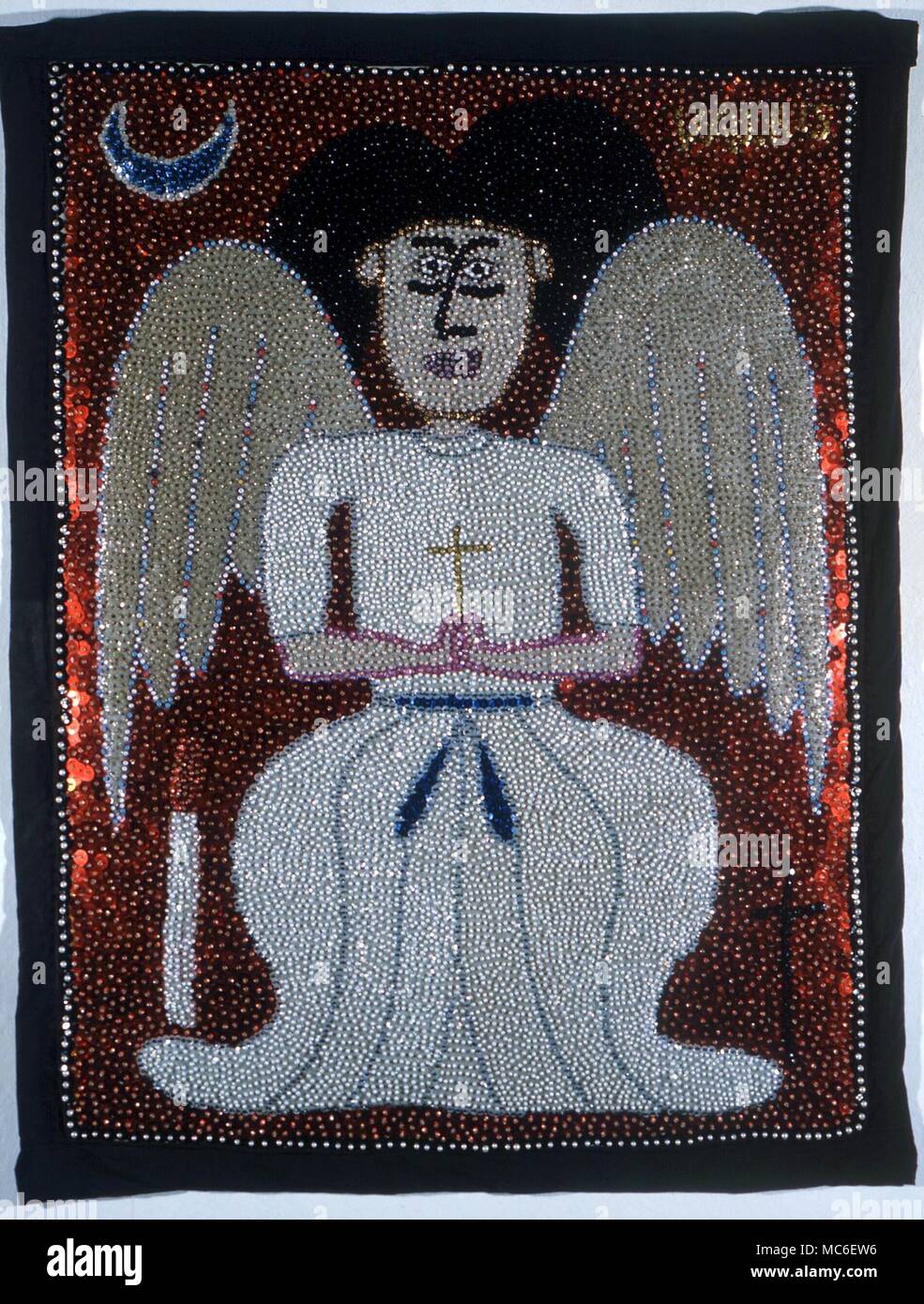 ANGELS - Voodoo Art Voodoun altar cloth depicting an angel with the moon. By Vacris, 1994, 'Angel' Stock Photo