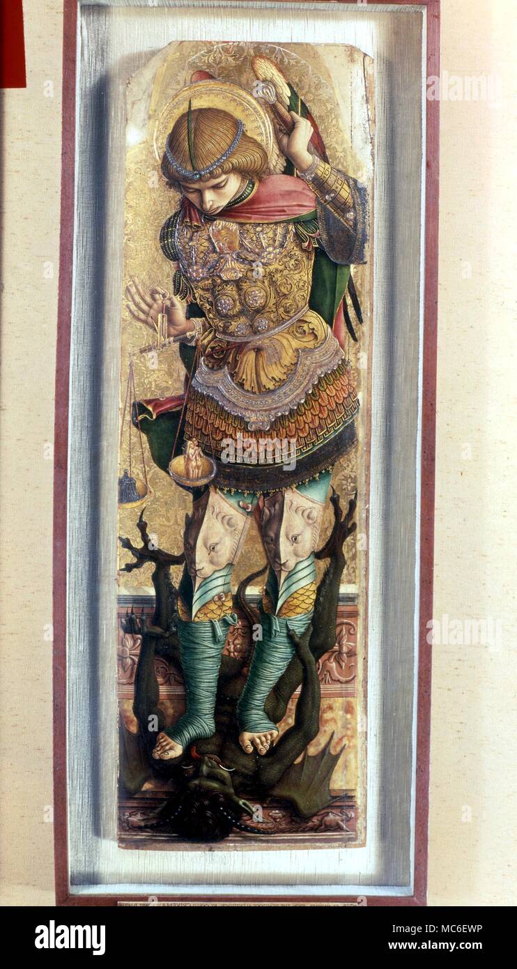 ANGELS - The Archangel Michael. St Michael trampling the Devil. panel by Crivelli from the Demidorf Altarpiece. National Gallery, London Stock Photo