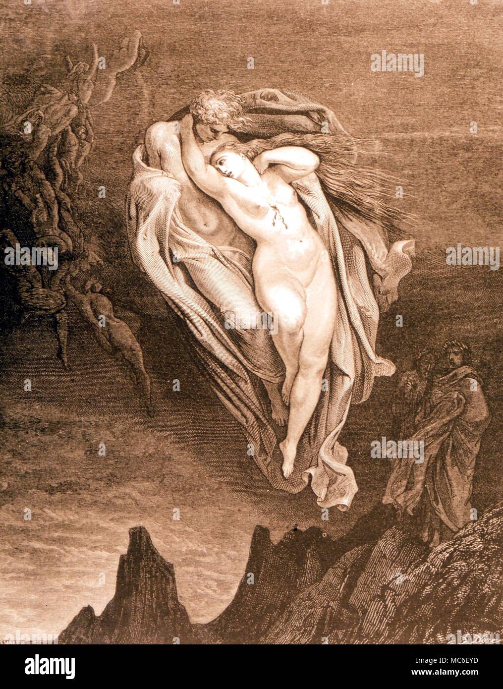 HELL - Illustration by Dore to Canto V of Dante's Inferno. 'Bard! willing I would address those two coming/Which seem so light before the wind,' Stock Photo