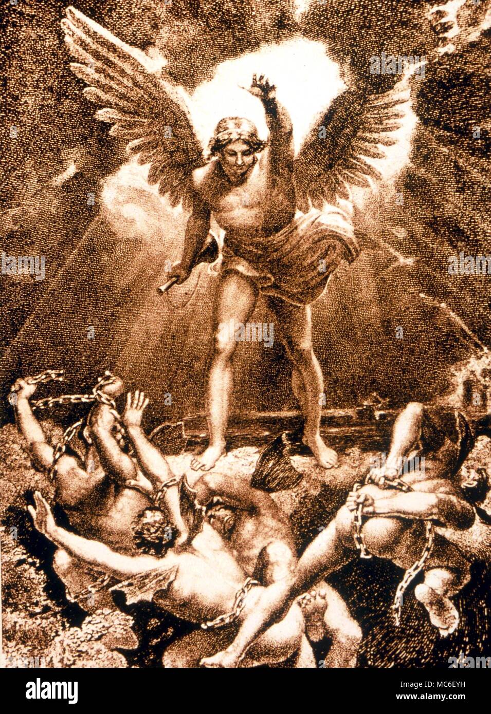 ANGELS - Archangel Michael (the archangel of the Sun) liberating the bound souls of trhe Dead Stock Photo