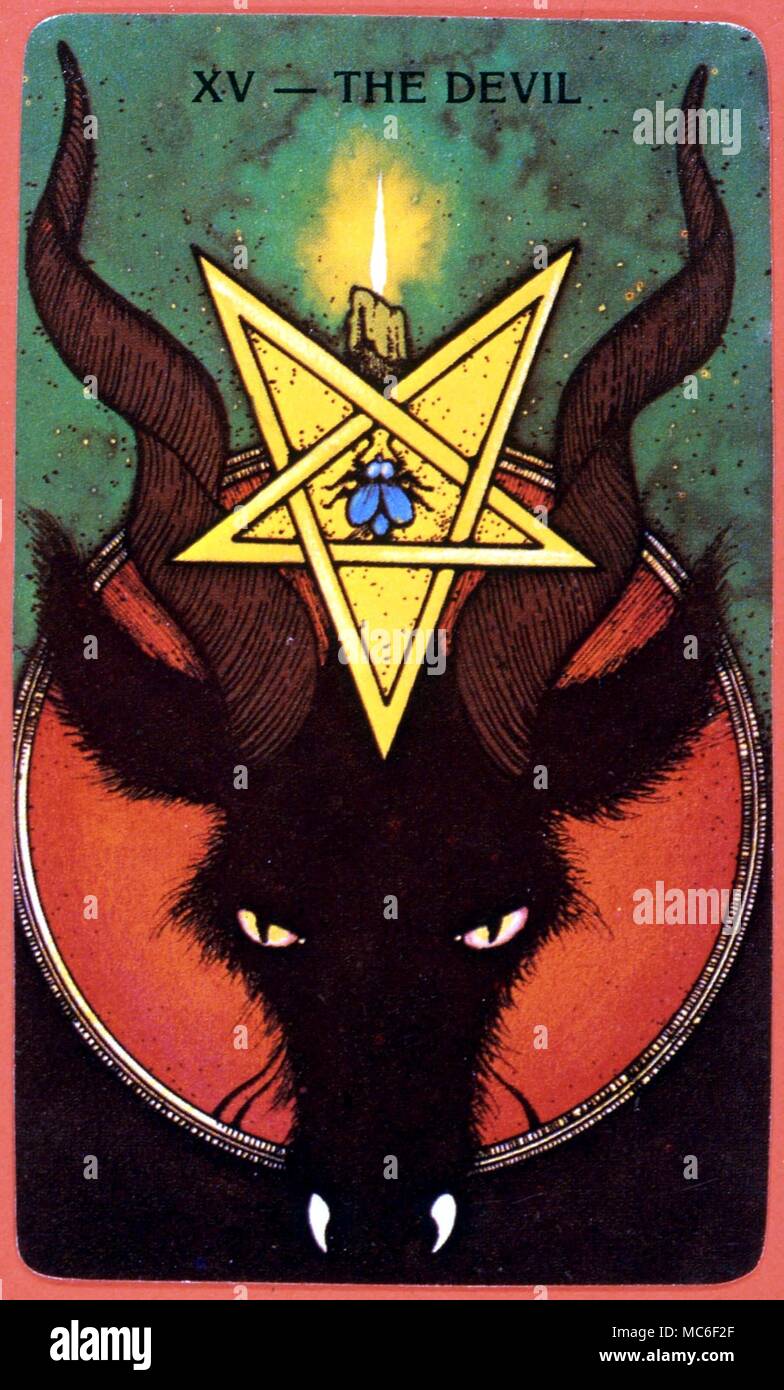 TAROT CARDS - THE DEVIL CARD The Devil card from the Morgan Greer tarot deck, based on the symbolism of Eliphas Levi and Foster Case. Copyright Morgan and Morgan Inc. Stock Photo