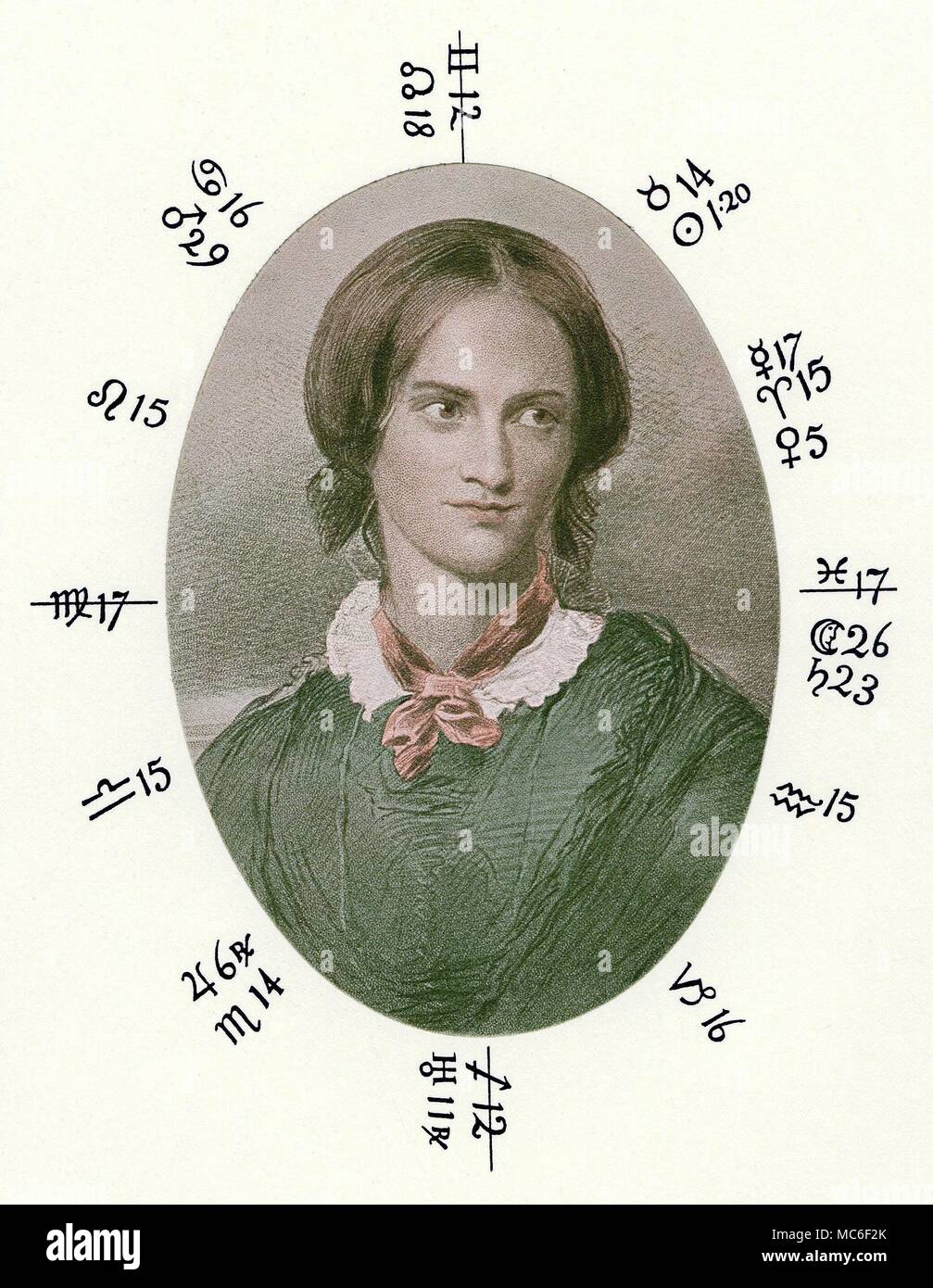 HOROSCOPES - CHARLOTTE BRONTE Horoscope of Charlotte Bronte, who was born on 21 April 1816 at Thornton, Yorkshire. This chart is based on that given by David Ovason. The Hidden Influences of Eclipses, 1999, pp140-2. The colour picture within the horoscope is a process print of 1905, based on the drawing made by George Richmond, when Charlotte was in London, during 1850 Stock Photo