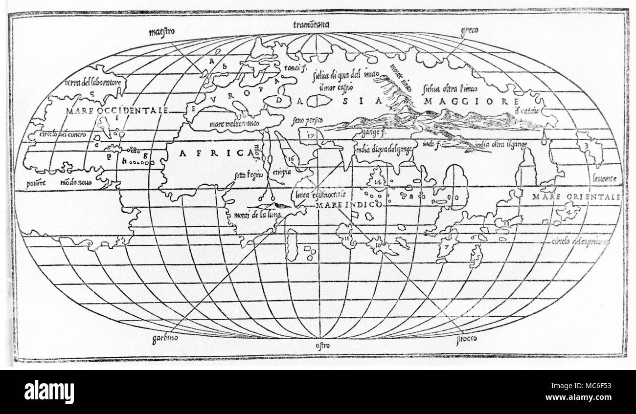 World map of 1528, from Benedetto Bordone's 'Isolario', published in Venice, 1528. The design is after the Florentine cartographer francesco Rosselli (c.1445-1513). What we now call the 'Atlantic Ocean' is still called the 'Western Sea' (Mare Occidentale). Stock Photo