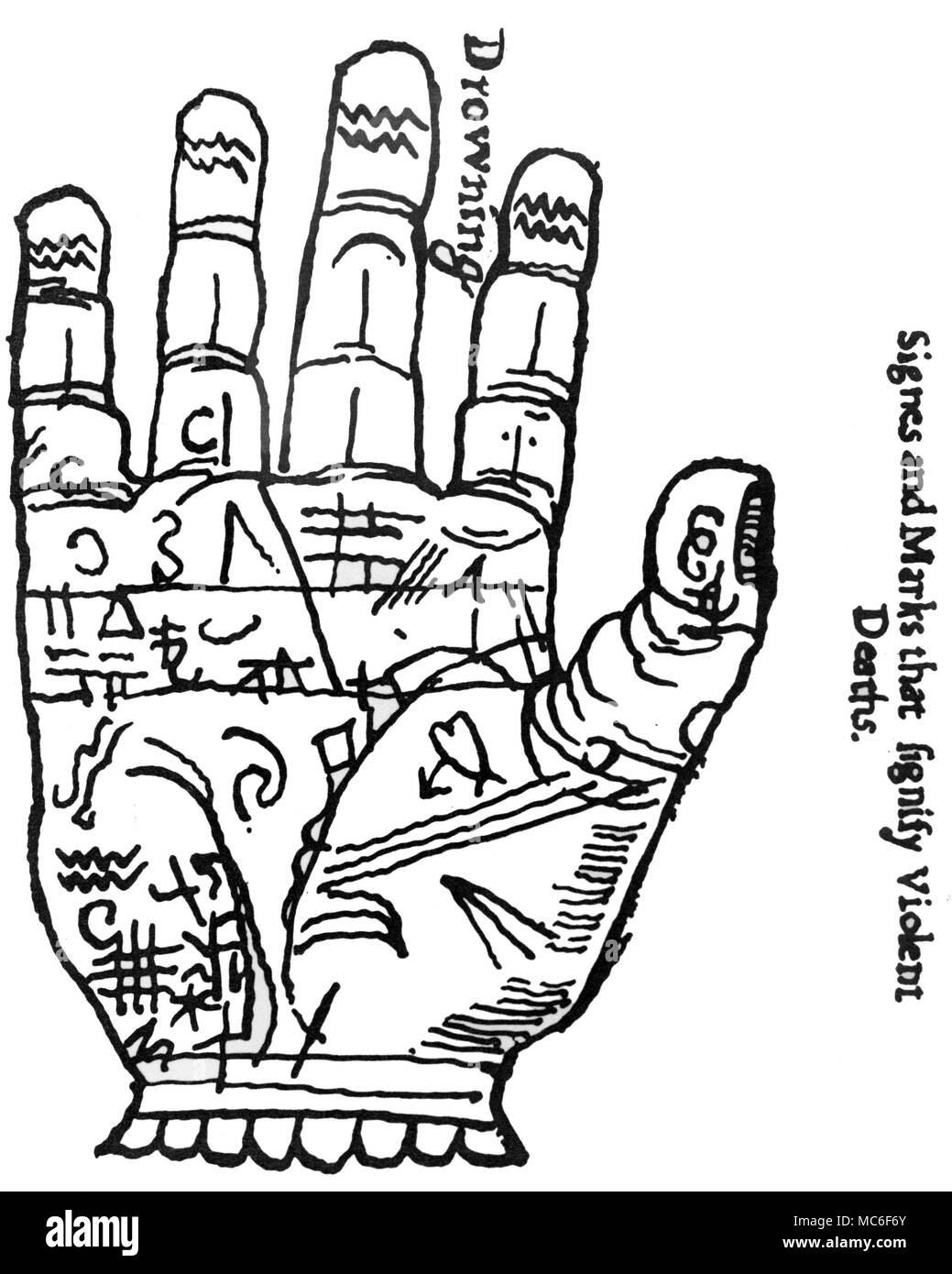 Palmistic diagram from Richard Saunder's Palmistry: The Secrets thereof Disclosed 1664. Almost all these special signs purport to represent indications of violent deaths, but some are merely signs of misfortune. For example, the swirl-sign in the centre of the hand is supposed to be an indication of one who is to be a parricide, while the weak signs under the finger of mercury merely denote that the person will be given to thieving. Of course, in Saunder's day, thieving could lead to a violent death by the rope. Stock Photo