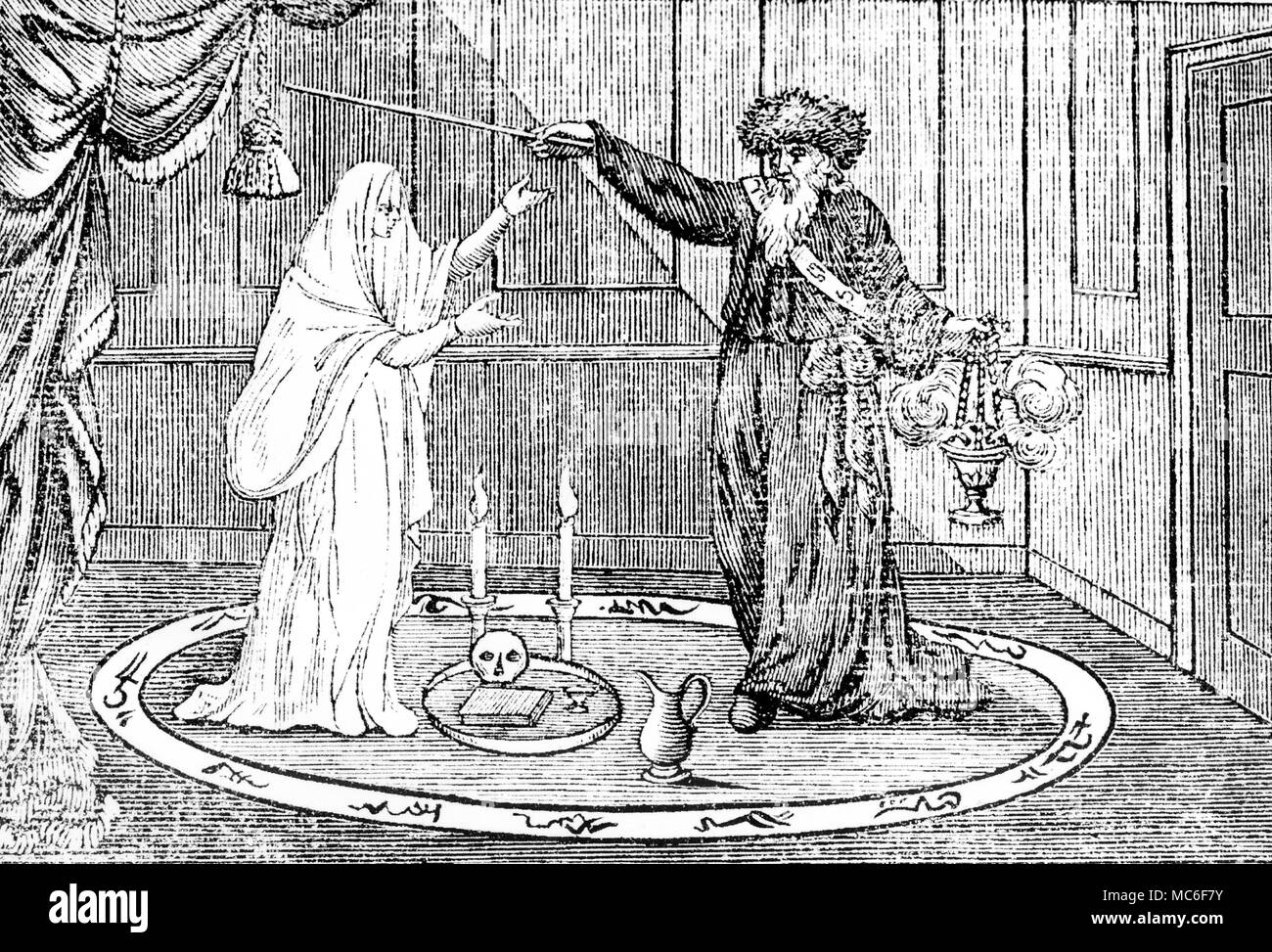 Spectral evidence has always been linked with the entertainment business, so that the earliest seances were little more than experiences of 'entertainment' to those who frequented them. This early 19th century woodengraving shows the magician De Philipsthal performing 'Phantasmagoria' on the stage of the Lyceum, London in 1803 Stock Photo