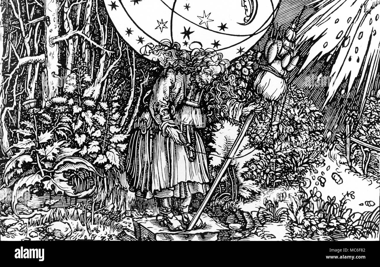 Esoteric image of witch, standing on cube, spinnning wool (time). There is an influx from the heavens to the extreme right, and a stellar model at her head. The herbs all pertain to a mgical pharmacoepia. From Bothius, 'De Consolatione Philosophia', circa 1510 Stock Photo