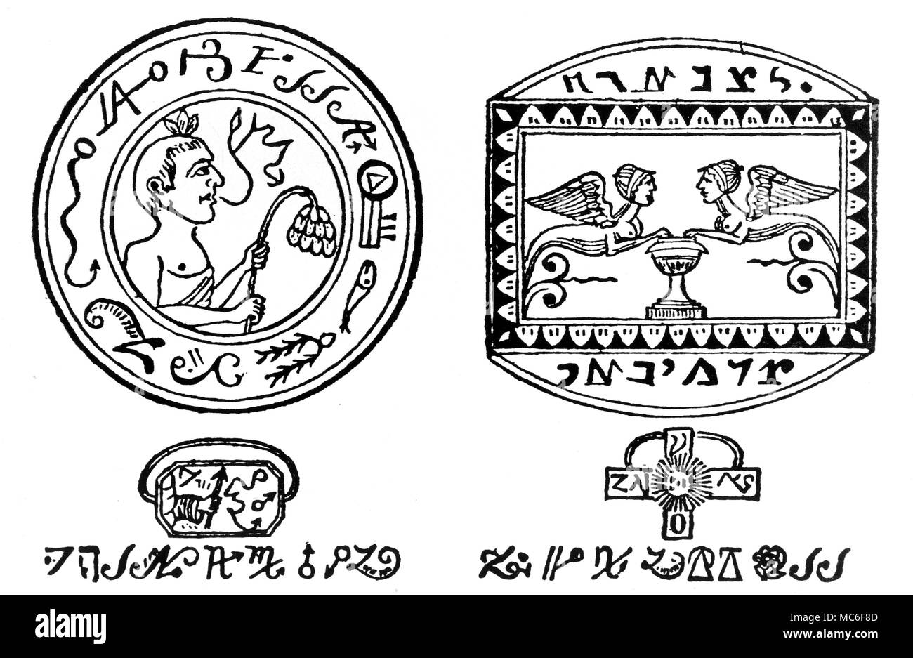 Diagrams of ring-gem designs from the grimoire tradition. These designs are from the manuscript known as the 'Sage of the Pyramids'. That to the left will cause earthquakes, stars to fall from the heavens, storms, and general destruction. That to the right will command genies to any work the magician desires. Stock Photo