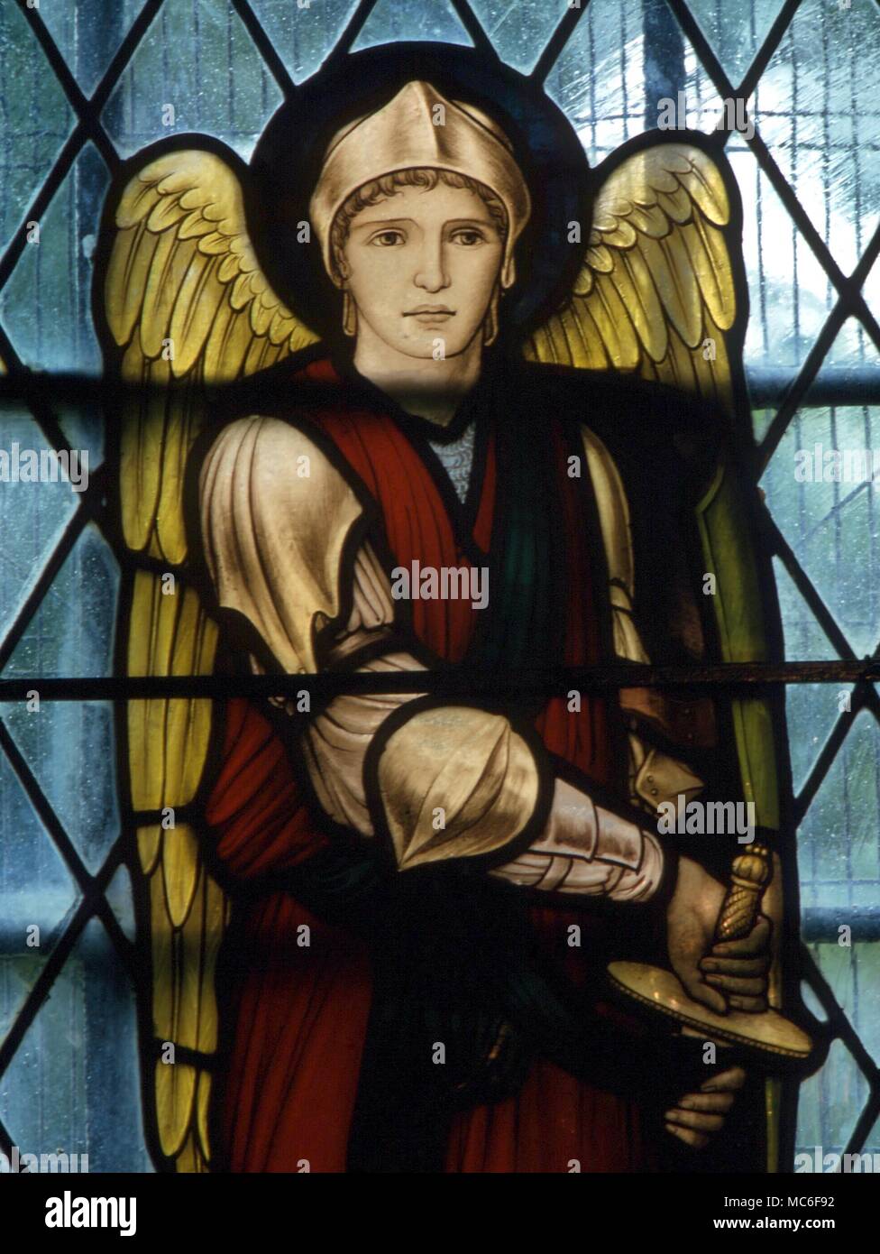 SAINTS - Head of the archangel St Michael, from the stained glass in Chaldon Church, Surrey. 19th century stained glass Stock Photo