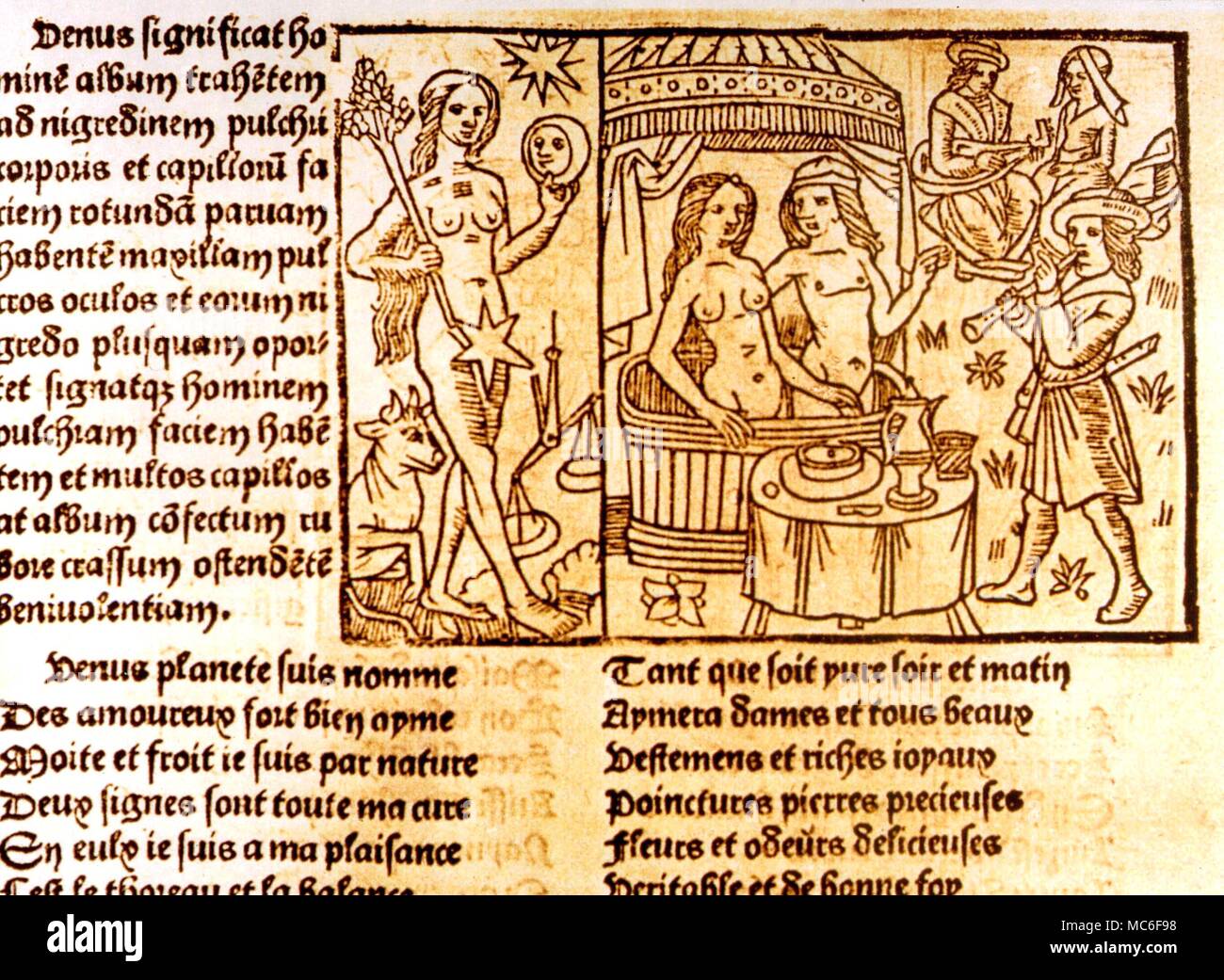 PLANETS - VENUS OCCUPATIONS Woodcut from a 15th century French book on astrology, showing the occupations associated with the planet Venus, ruler of Taurus and Libra Stock Photo