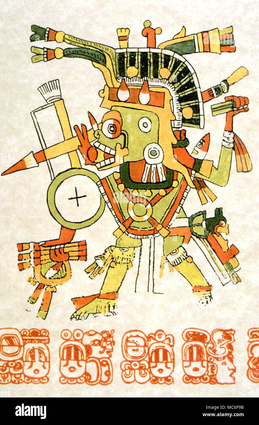 PLANETS - VENUS (Aztec) Venus (Tlauixcalpantecuhtli), the Mayan planet, with Mayan calendar inscriptions. Artwork (figure) after the Codex Cospi (glyphs) from Copan, as recorded by Zimmermann Stock Photo
