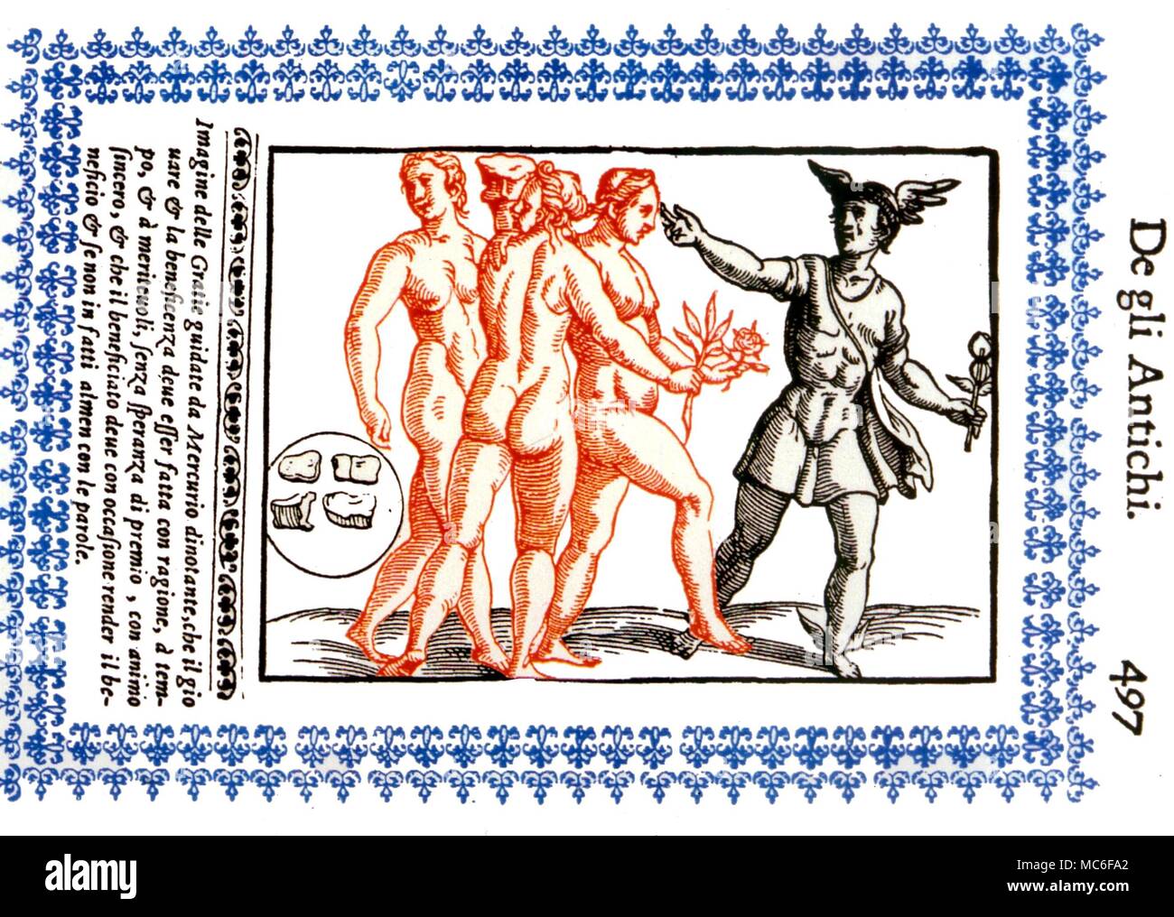 PLANETS - MERCURY Mercury with the Three Graces. After Lorenzo Pignoria Padonvo, 'Le Vere e Nove Imagini de gli Dei delli Antichi', Padua 1615 Stock Photo