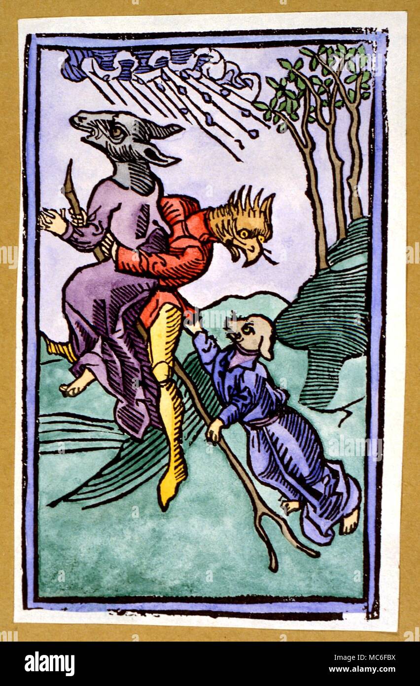 WITCHCRAFT - Three witches with the heads of animals (transformed?) transvecting through the air. From Ulrich Molitor 'De Lamiis et Pythonicis et Mulieribus, c. 1489 Stock Photo