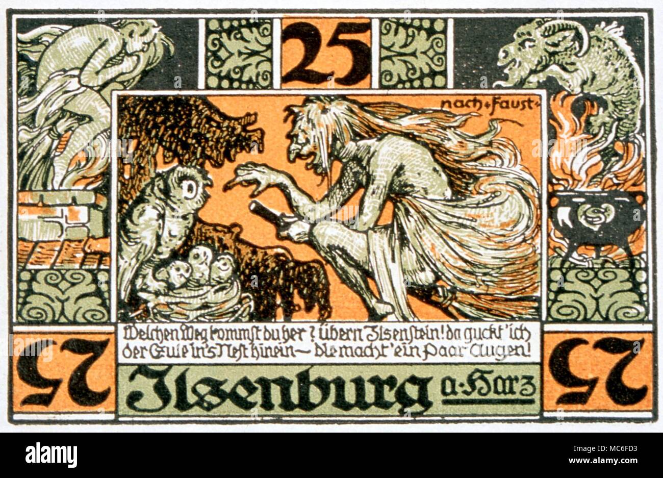 WITCHCRAFT - Ticket for 25 pfennig for the witchcraft festivities associated with the Brocken. The witchcraft scene is supposedly an illustration from Goethe's Faust Stock Photo
