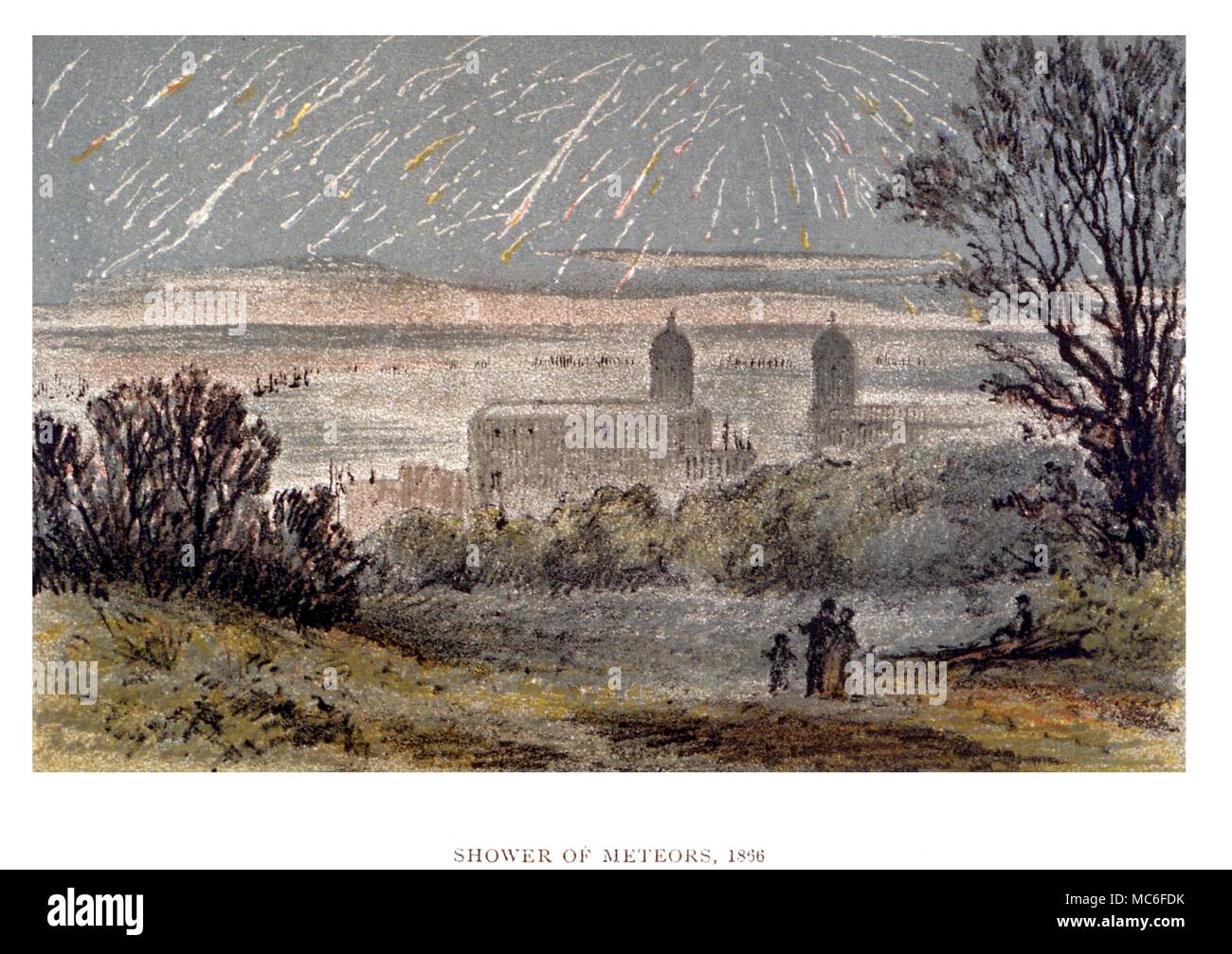 COMETS AND METEORS - Shower of meteors in 1866. Colour wood engraving in Agnes Gilberne's Sun, Moon and Stars, 1881 Stock Photo