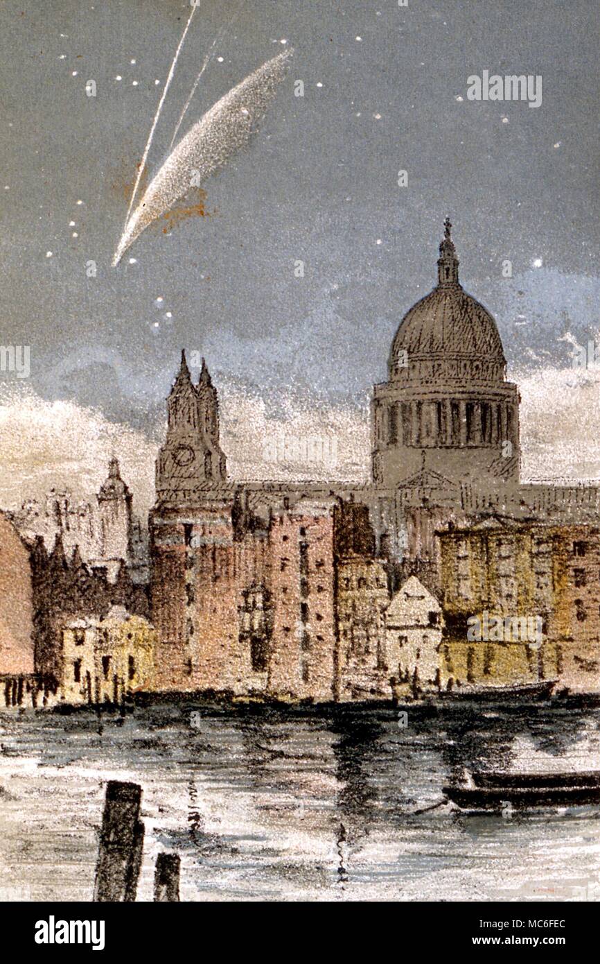 COMETS AND METEORS - Donati's Comet. Long-tailed comet (The reappearance of Donati's Comet in 1858) seen over the dome of St Paul's Cathedral, London. Colour wood engraving in Agnes Gilberne's Sun, Moon and Stars, 1881 Stock Photo