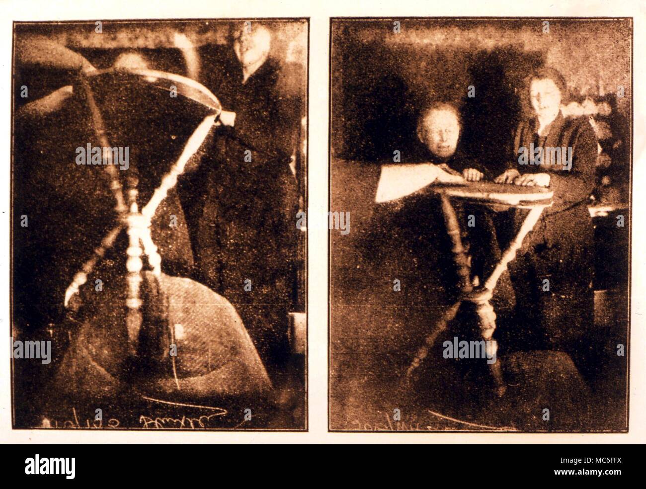 Levitation of a table. Two photographs taken simultaneoulsy by two cameras to show the levitation in a seance, held in October 1923 Stock Photo