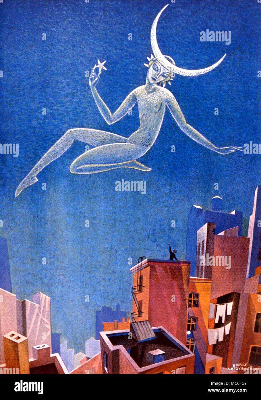 The Moon Personification of the Moon, from Alfred Creymborg's 'Funnybone Alley', 1927, p;ainted by Artzybasheff. 'I'd be very lonely sitting up here all alone/If it weren't for the creatures who can hear the moan I moan Stock Photo