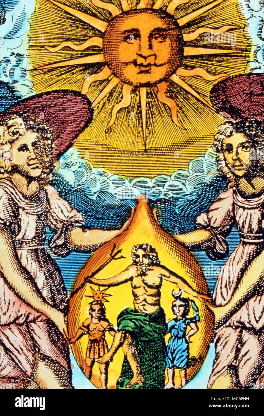 Planets Personification of the Sun, from an alchemical plate in the 'Mutus Liber' in the Jacobus edition of 1702 Stock Photo