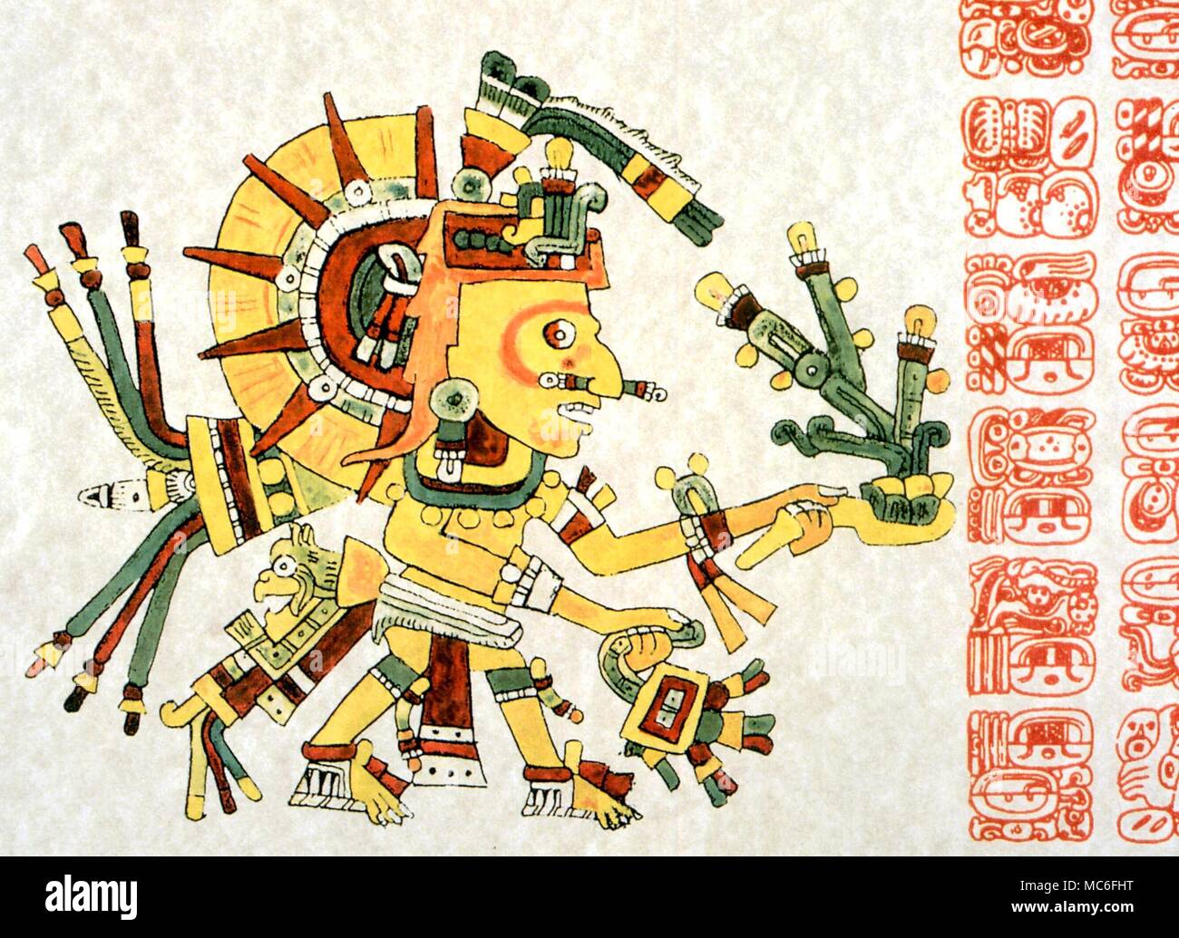 astrology The Mexican sun god, Tonatiuh, standing befgore a temple to receive adulation and worship. Artwork based on the Codex Cospi, in the Universioty Library at Bologna Stock Photo