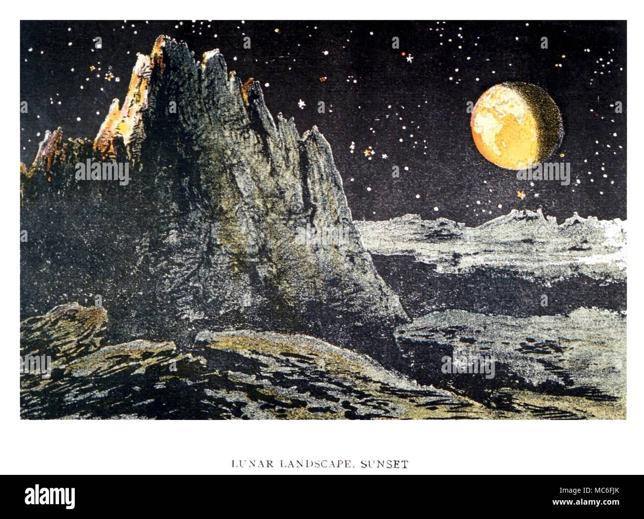 PLANETS -EARTH Lunar landscape - Earth-set. (The caption printed at the foot of this image is inaccurate). Colour wood engraving in Agnes Gilberne's Sun, Moon and Stars. 1881 Stock Photo