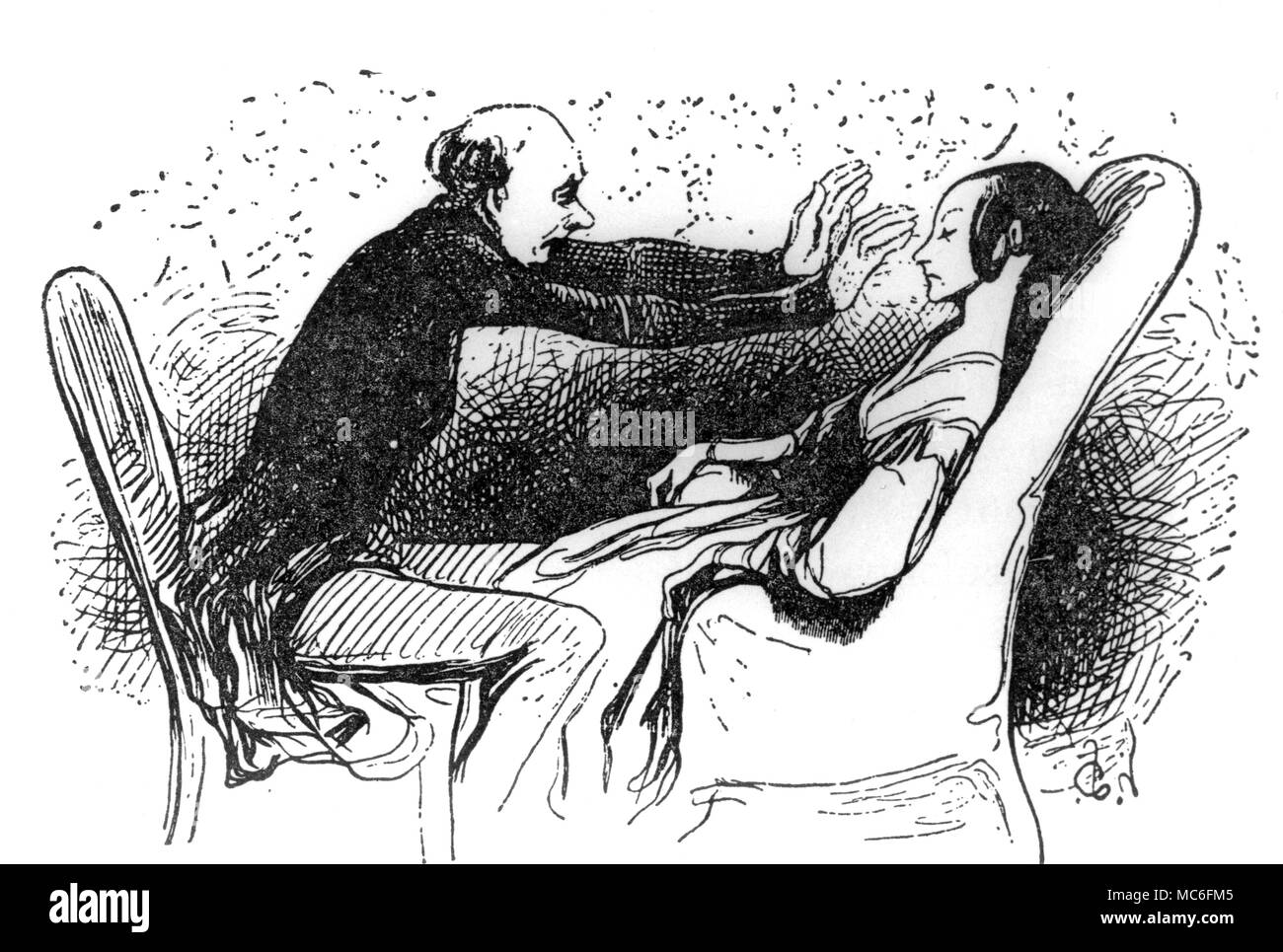 Hypnotist putting young woman to sleep - drawing by Petite, after the lithograph by Daumier. Stock Photo