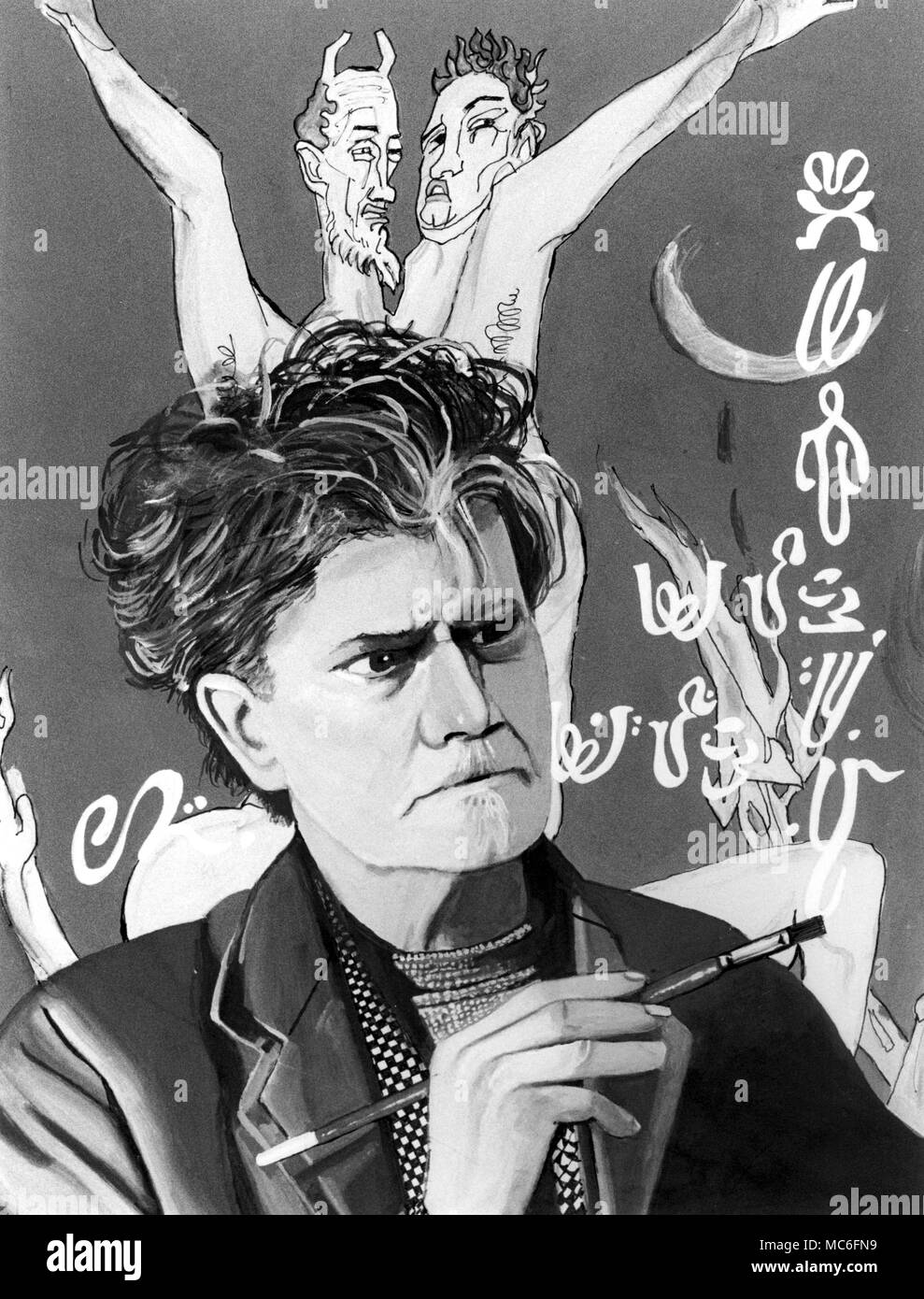 Austin Osman Spare (1886-1956), painting sigils upon his own picture. A portrait by Gordon Wain, commissioned by Charles Walker. The picture in the background was one of Spare's last pastels, entitled Blood on the Moon. Stock Photo