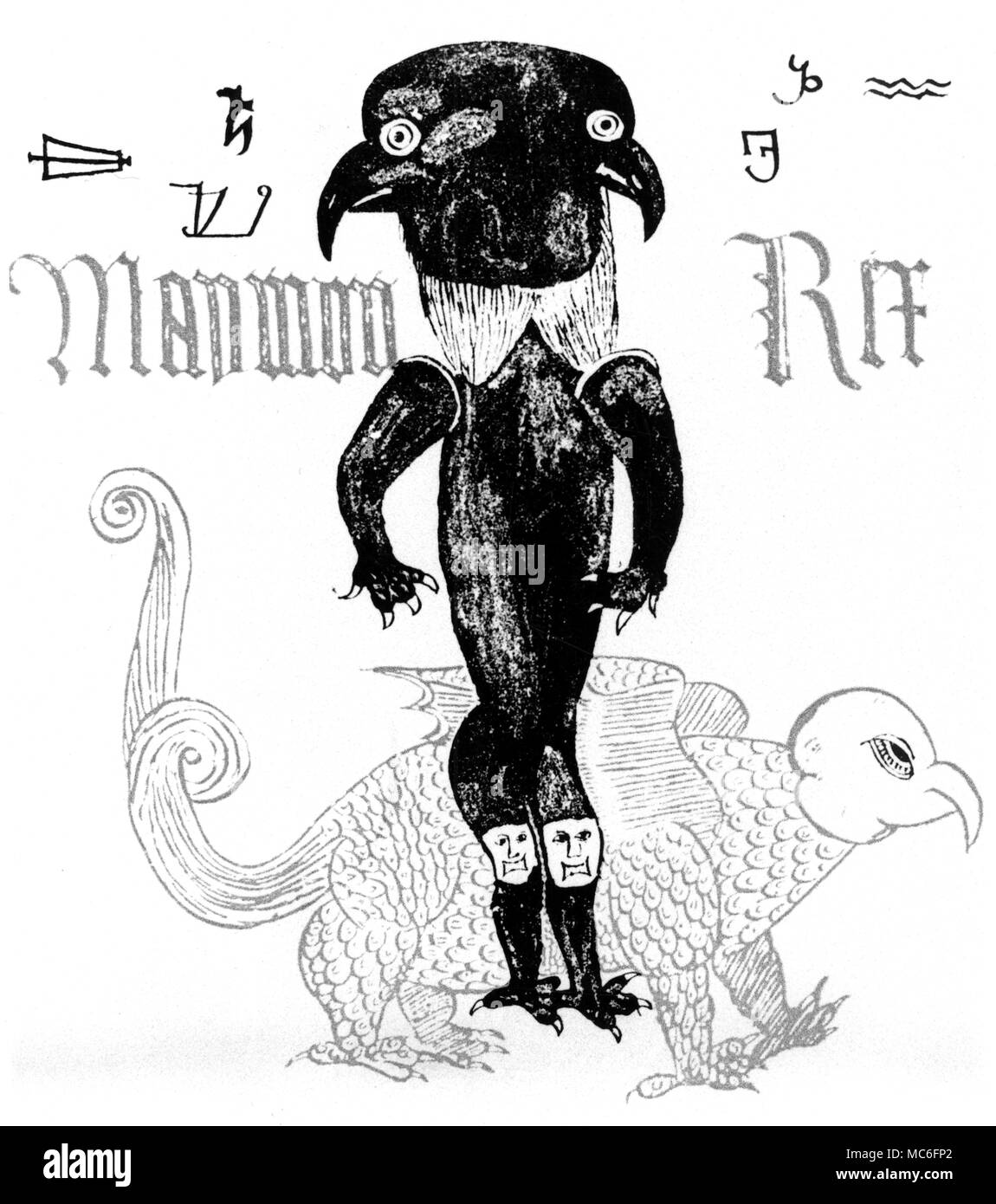Page from a sixteenth century English Grimoire mss, with the image of the bird-headed Maymon Rex (King Mammon, presumably), and a variety of demonic sigils from the Solomon the King grimoire. This two-faced demon is a relic of the Egyptian, Horus, who was, in his role as Haroeris, given the head of a falcon. Stock Photo